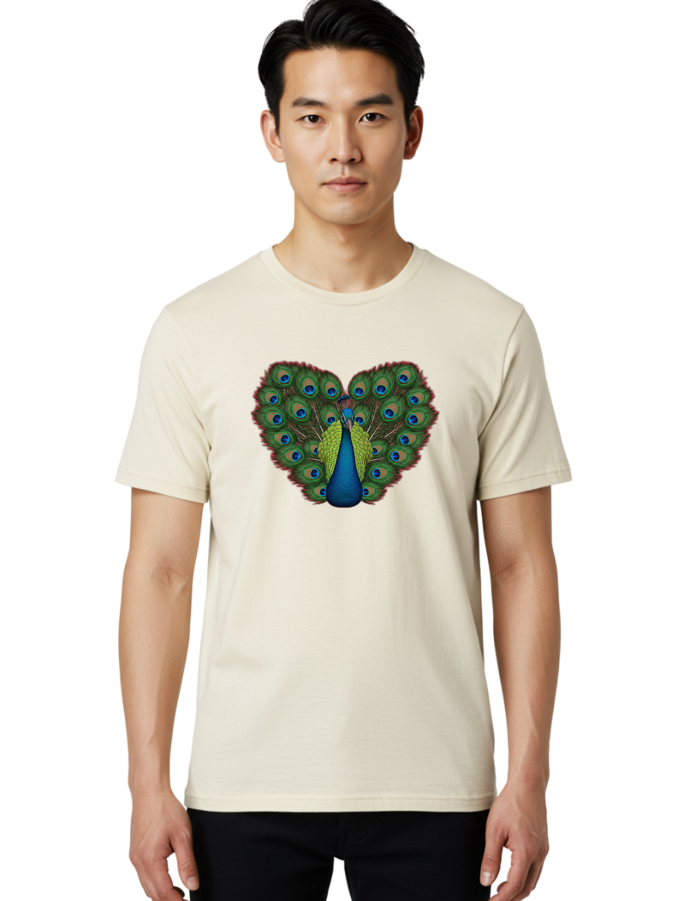 Peacock-23 Men'S Graphic Tee, 100% Cotton, Comfortable Casual Summer Wear, Machine Washable, Peacock, Spread Tail Feathers, Blue Eyespots, Colorful Plumage, Vibrant Blues And Greens, Exotic Bird, Majestic Display, Ornate Feathers Bab085 22