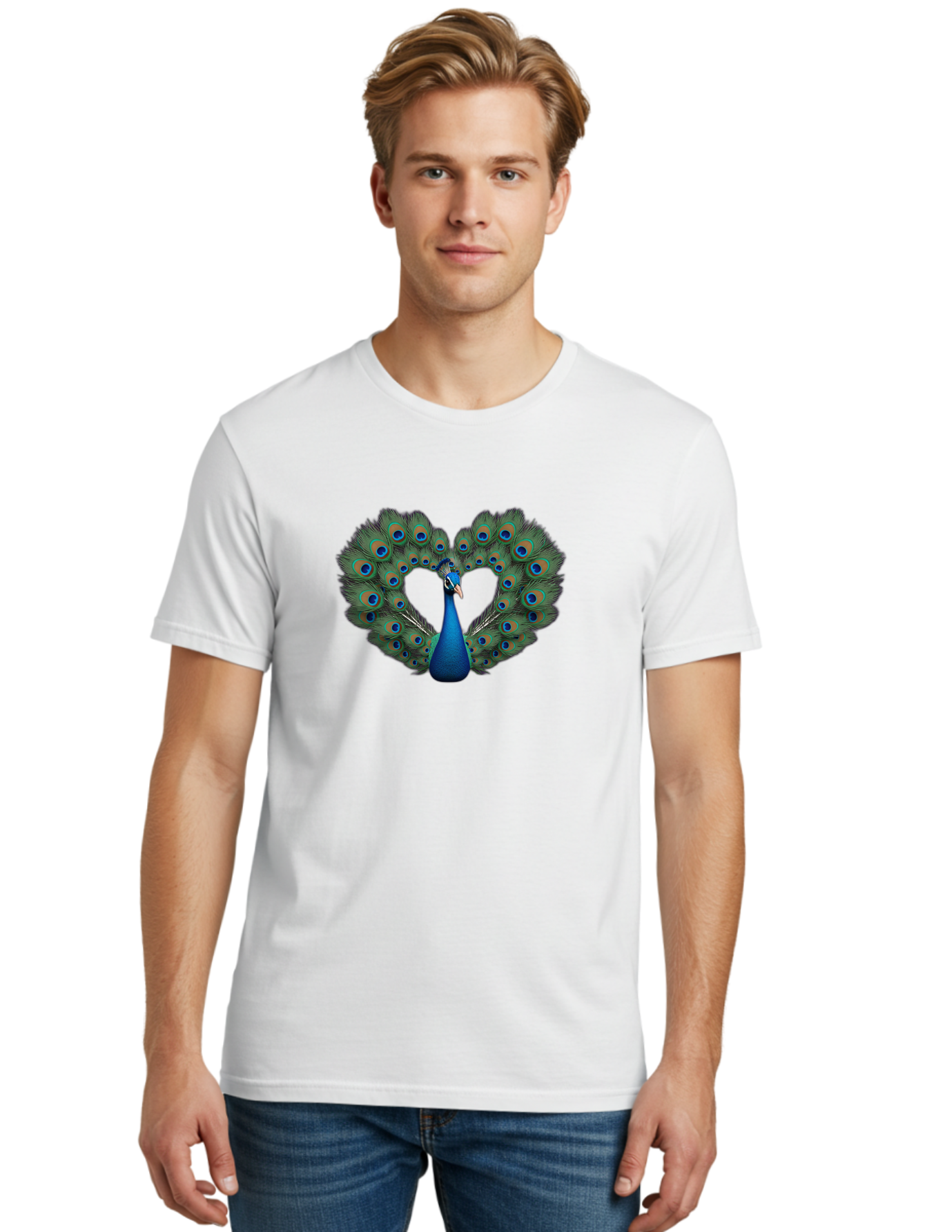 Peacock-24 Men'S Graphic Tee, 100% Cotton, Comfortable Casual Summer Wear, Machine Washable, Peacock, Majestic Bird, Feathers Spread, Iridescent Colors, Blue Eyespots, Vibrant Plumage, Ornate, Exotic, Beautiful, Fancy, Eye-Catching, Bab086 10