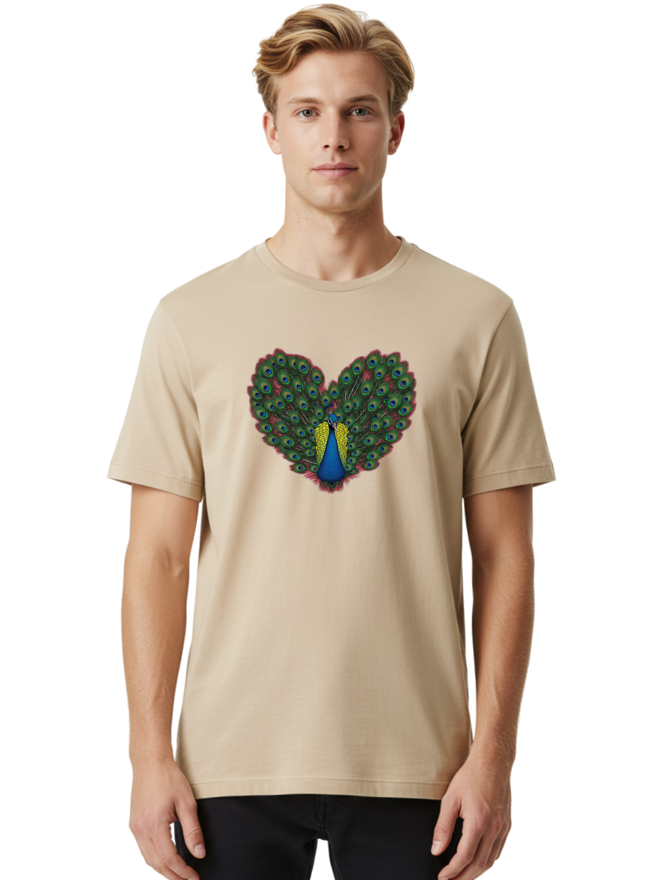 Peacock-25 Men'S Graphic Tee, 100% Cotton, Comfortable Casual Summer Wear, Machine Washable, Peacock With Spread Tail, Heart Shape, Blue And Green Feathers, Eye Spots, Vibrant Plumage, Colorful Bird, Majestic Display, Exotic Bird, Bab087 4