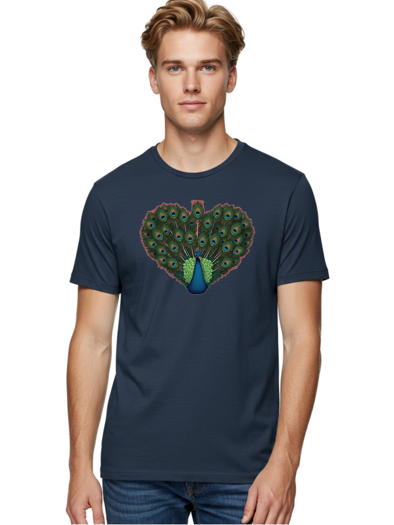 Peacock-26 Men'S Graphic Tee, 100% Cotton, Comfortable Casual Summer Wear, Machine Washable, Peacock Feather Display, Vibrant Plumage, Blue And Green Hues, Eye-Catching Pattern, Majestic Bird, Ornate Tail Feathers, Colorful Bird, Exotic Beauty Bab088 4