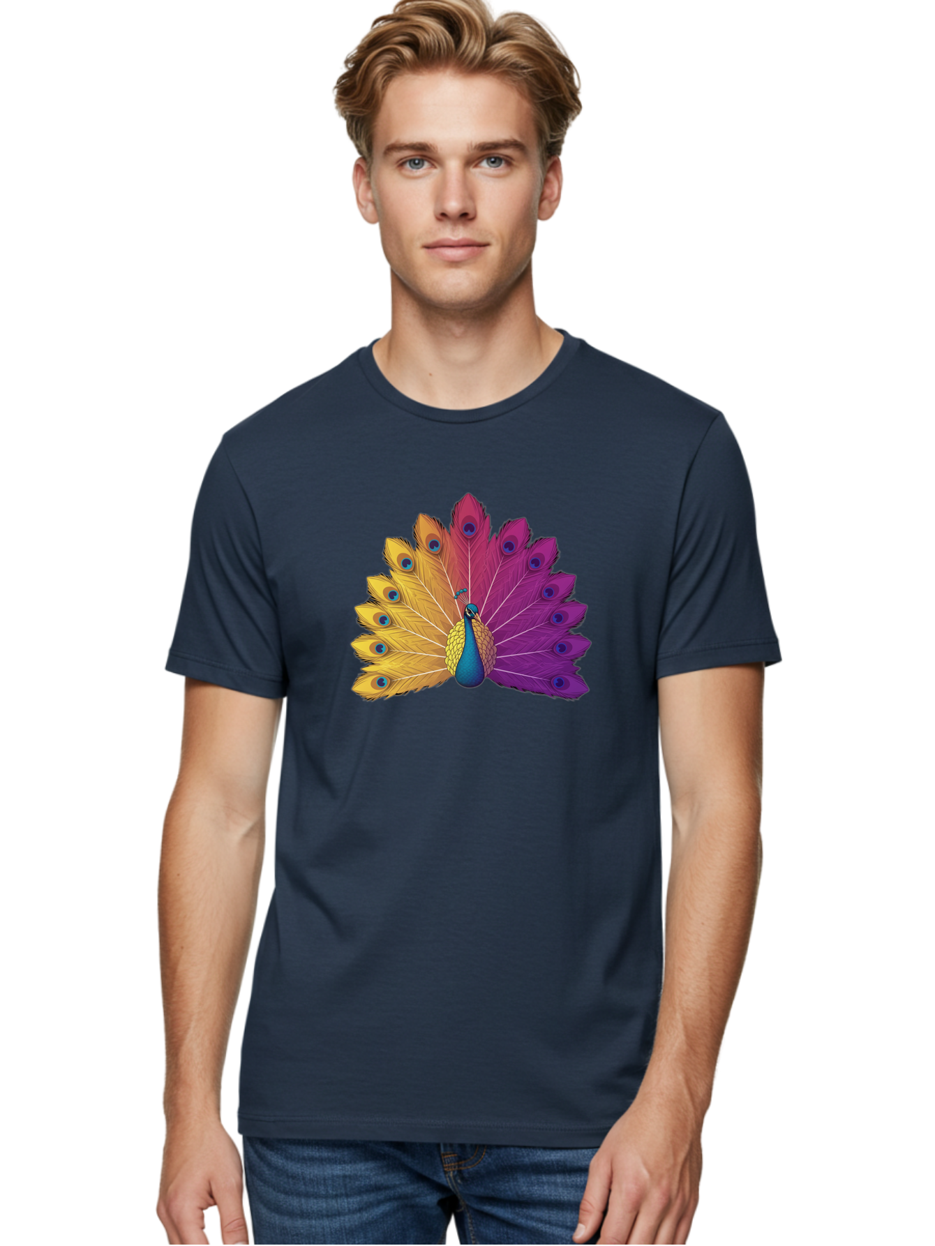 Peacock-28 Men'S Graphic Tee, 100% Cotton, Comfortable Casual Summer Wear, Machine Washable, Vibrant Peacock, Colorful Plumage, Blue Eyespots, Majestic Bird, Spread Feathers, Orange, Purple, And Yellow Hues, Exotic Beauty, Ornate Display, Bab090 24