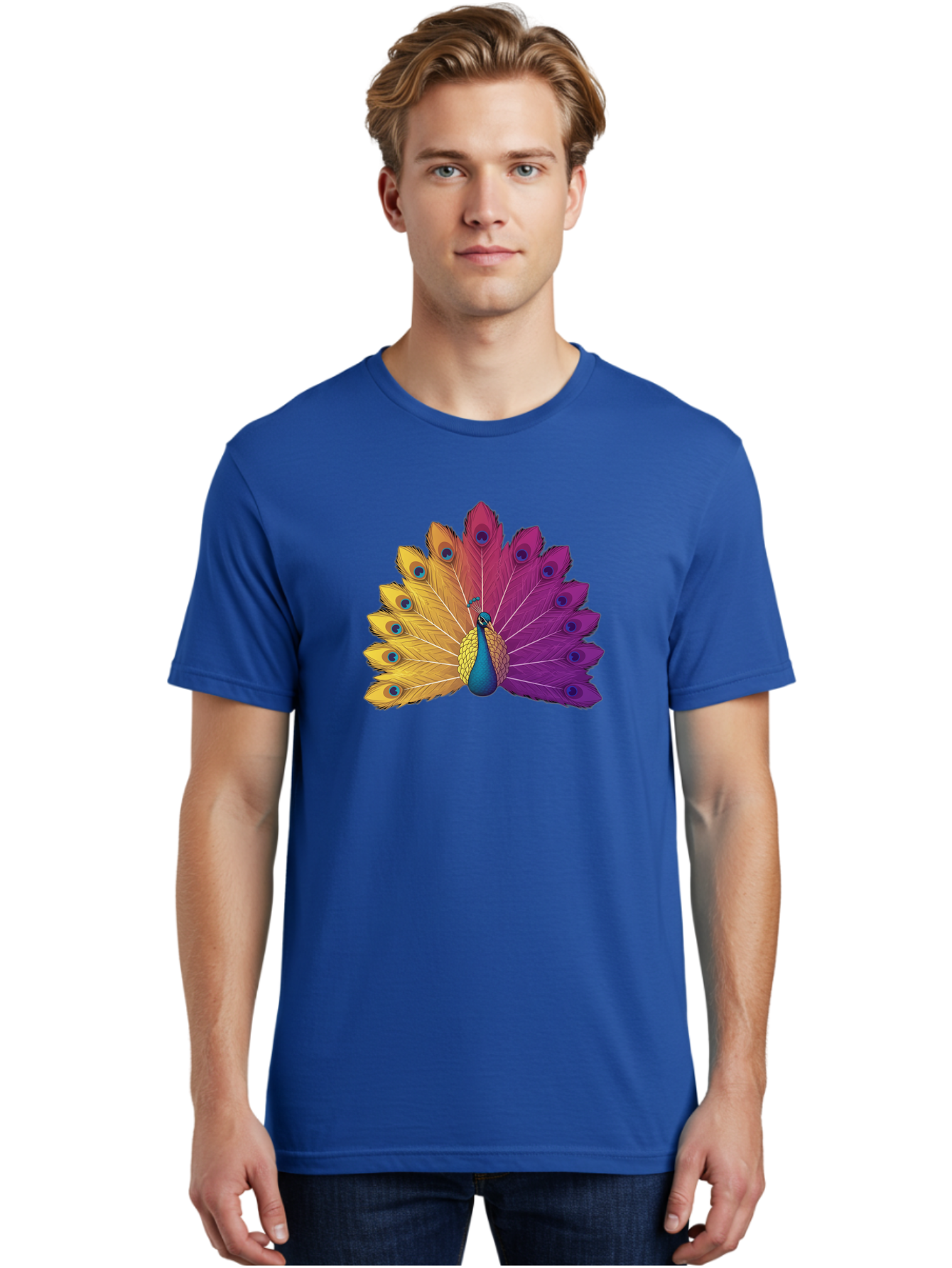 Peacock-28 Men'S Graphic Tee, 100% Cotton, Comfortable Casual Summer Wear, Machine Washable, Vibrant Peacock, Colorful Plumage, Blue Eyespots, Majestic Bird, Spread Feathers, Orange, Purple, And Yellow Hues, Exotic Beauty, Ornate Display, Bab090 30