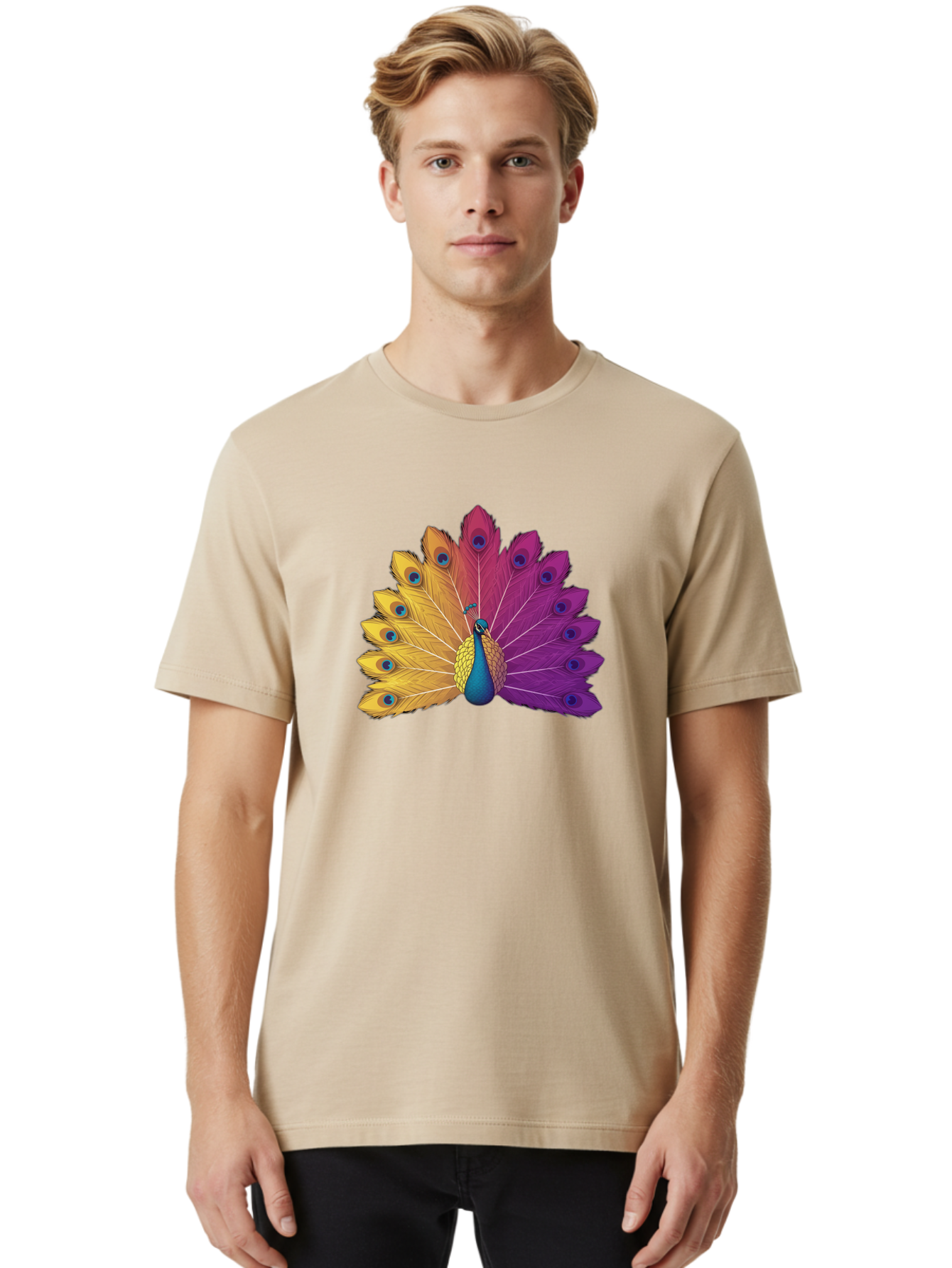 Peacock-28 Men'S Graphic Tee, 100% Cotton, Comfortable Casual Summer Wear, Machine Washable, Vibrant Peacock, Colorful Plumage, Blue Eyespots, Majestic Bird, Spread Feathers, Orange, Purple, And Yellow Hues, Exotic Beauty, Ornate Display, Bab090 14