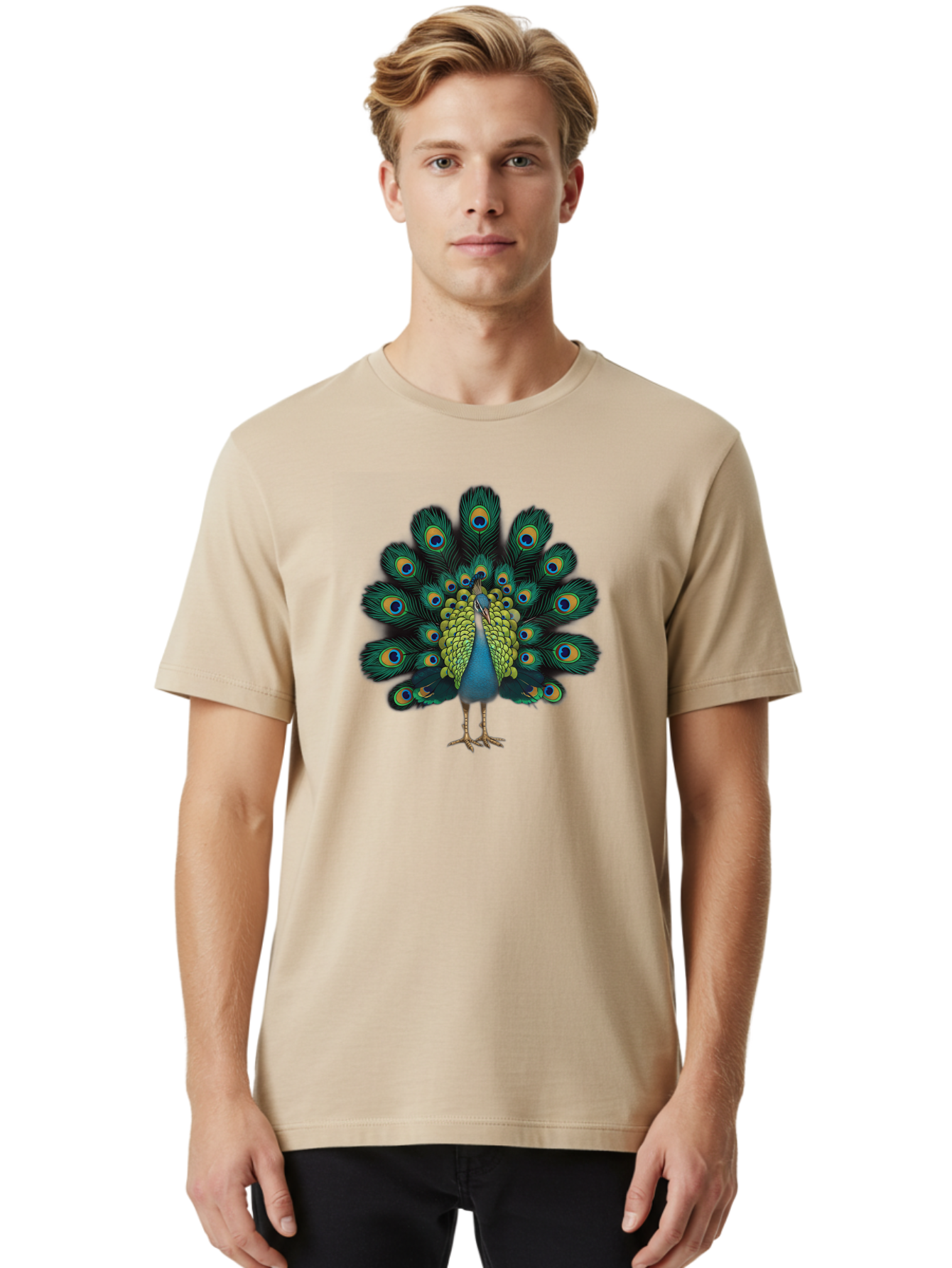Peacock-29 Men'S Graphic Tee, 100% Cotton, Comfortable Casual Summer Wear, Machine Washable, Peacock Spreading Its Feathers, Vibrant Plumage, Blue And Gold Eye Spots, Turquoise Body, Majestic Bird, Exotic Beauty, Colorful Display, Bab091 24