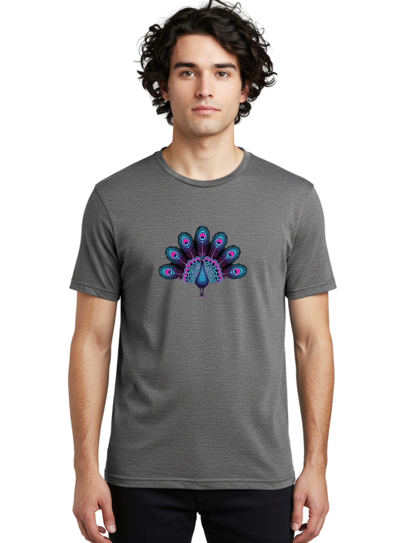 Peacock-30 Men'S Graphic Tee, 100% Cotton, Comfortable Casual Summer Wear, Machine Washable, Peacock Illustration, Colorful Plumage, Vibrant Feathers, Blue And Pink Hues, Eye-Catching Design, Bird Of Beauty, Ornate Tail, Artistic Render Bab093 30