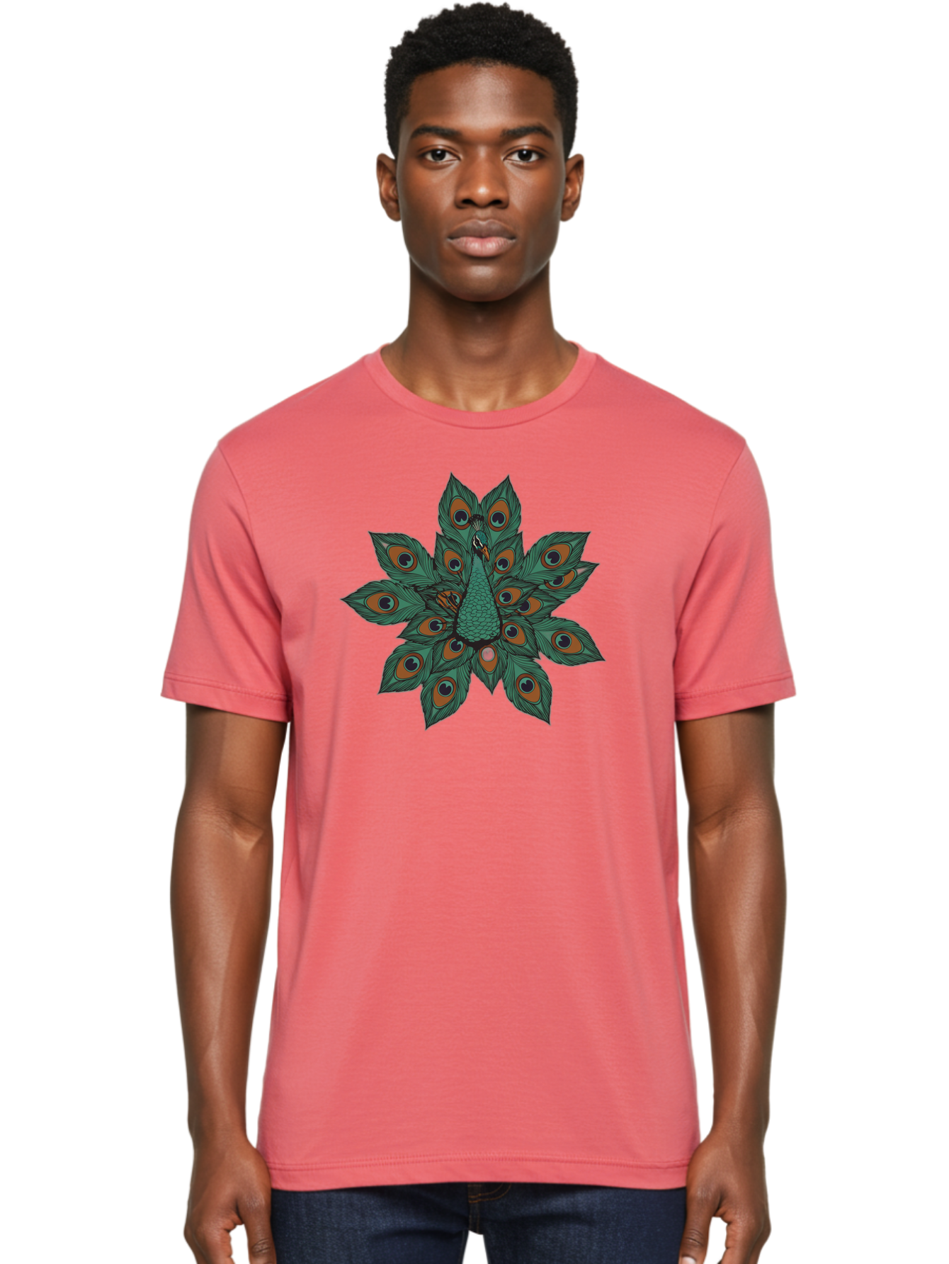 Peacock-31 Men'S Graphic Tee, 100% Cotton, Comfortable Casual Summer Wear, Machine Washable, Peacock Feather, Symmetrical Pattern, Vibrant Colors, Natural Beauty, Exotic Bird, Intricate Design, Circular Shape, Orange And Blue Hues, Bab094 22