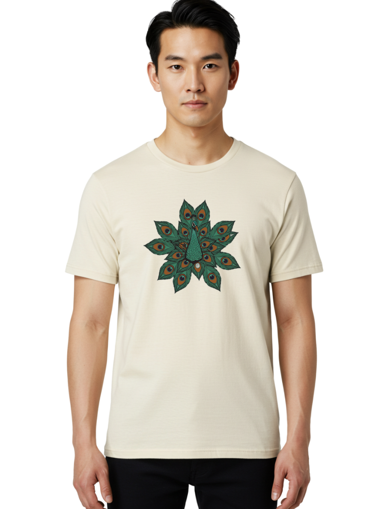 Peacock-31 Men'S Graphic Tee, 100% Cotton, Comfortable Casual Summer Wear, Machine Washable, Peacock Feather, Symmetrical Pattern, Vibrant Colors, Natural Beauty, Exotic Bird, Intricate Design, Circular Shape, Orange And Blue Hues, Bab094 6