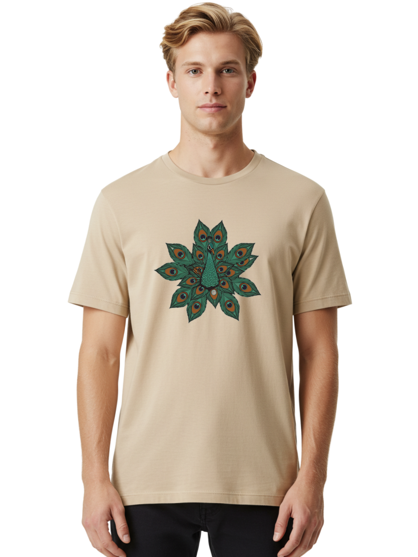 Peacock-31 Men'S Graphic Tee, 100% Cotton, Comfortable Casual Summer Wear, Machine Washable, Peacock Feather, Symmetrical Pattern, Vibrant Colors, Natural Beauty, Exotic Bird, Intricate Design, Circular Shape, Orange And Blue Hues, Bab094 30