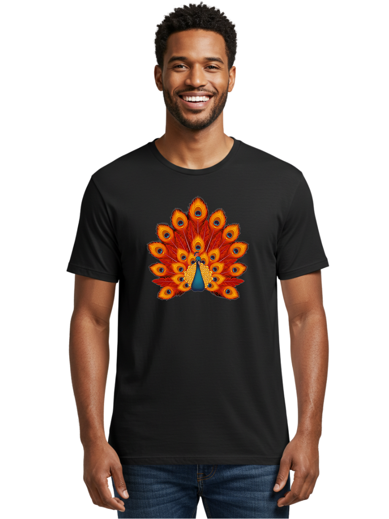 Peacock-32 Men'S Graphic Tee, 100% Cotton, Comfortable Casual Summer Wear, Machine Washable, Peacock Feathers, Vibrant Colors, Iridescent Blues, Orange And Yellow Hues, Eye-Catching Pattern, Exotic Bird, Majestic Plumage, Eye Spots, Bab095 8