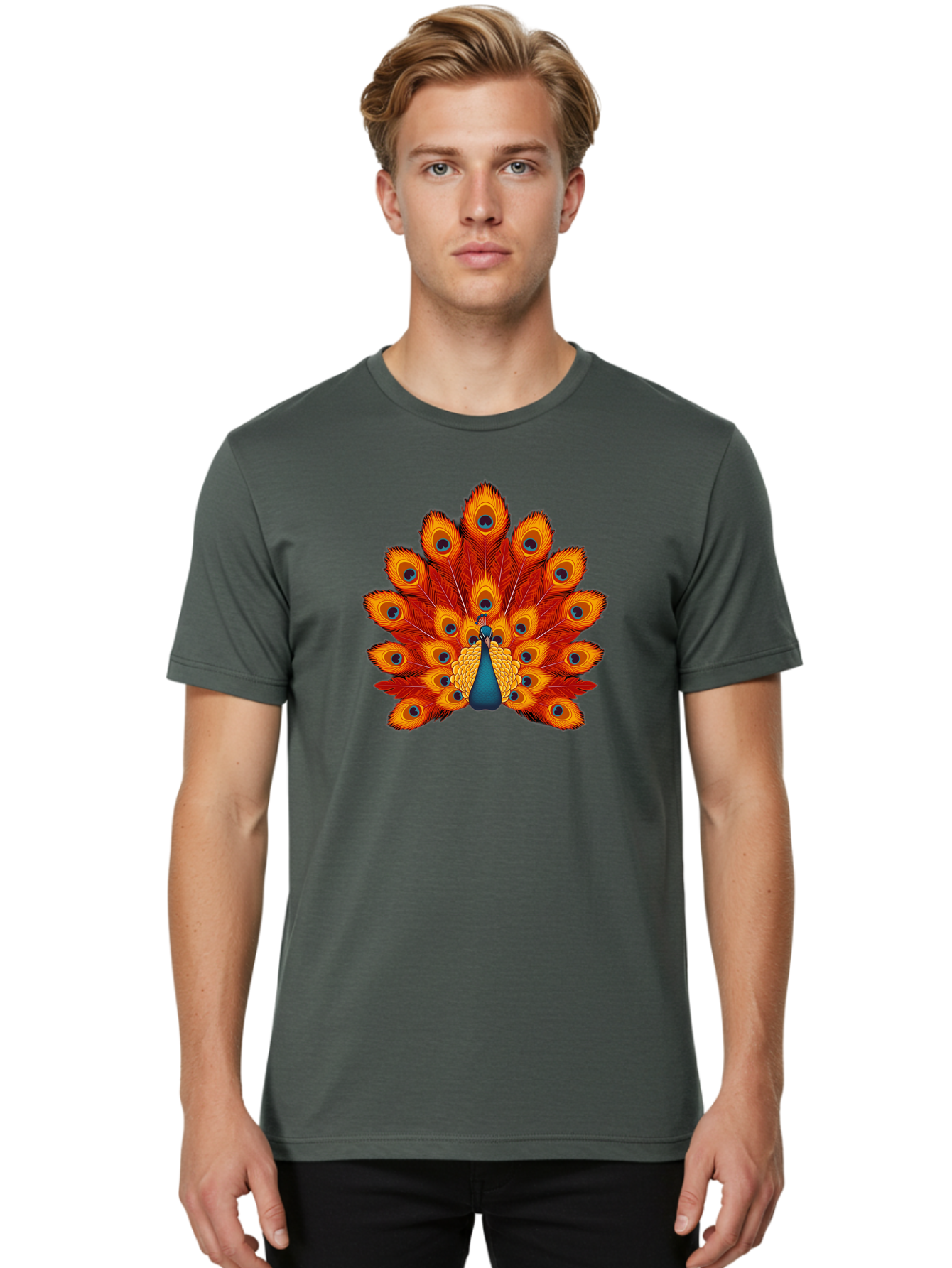 Peacock-32 Men'S Graphic Tee, 100% Cotton, Comfortable Casual Summer Wear, Machine Washable, Peacock Feathers, Vibrant Colors, Iridescent Blues, Orange And Yellow Hues, Eye-Catching Pattern, Exotic Bird, Majestic Plumage, Eye Spots, Bab095 4