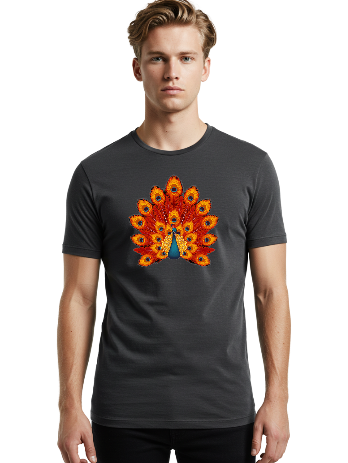 Peacock-32 Men'S Graphic Tee, 100% Cotton, Comfortable Casual Summer Wear, Machine Washable, Peacock Feathers, Vibrant Colors, Iridescent Blues, Orange And Yellow Hues, Eye-Catching Pattern, Exotic Bird, Majestic Plumage, Eye Spots, Bab095 20