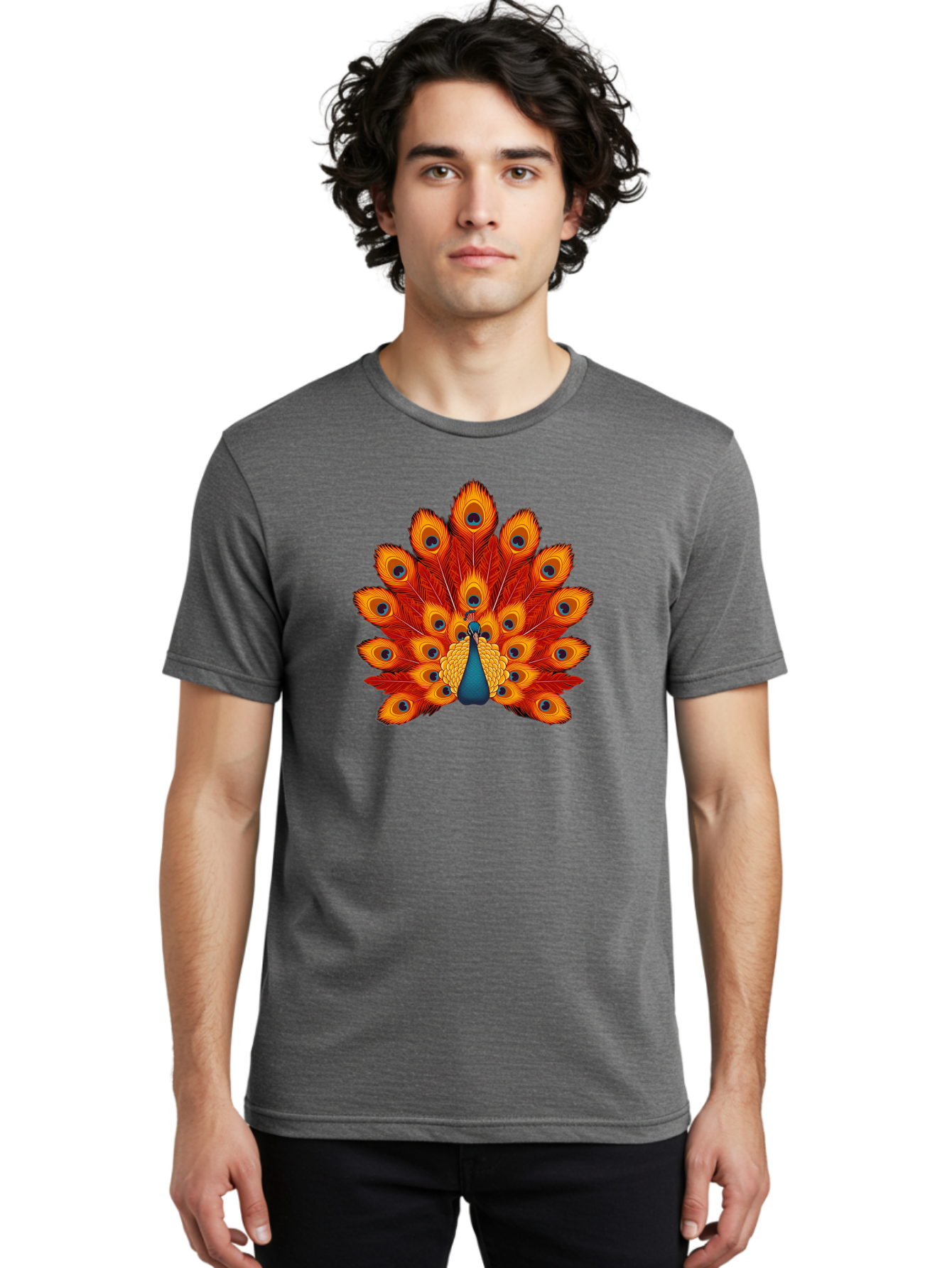 Peacock-32 Men'S Graphic Tee, 100% Cotton, Comfortable Casual Summer Wear, Machine Washable, Peacock Feathers, Vibrant Colors, Iridescent Blues, Orange And Yellow Hues, Eye-Catching Pattern, Exotic Bird, Majestic Plumage, Eye Spots, Bab095 28