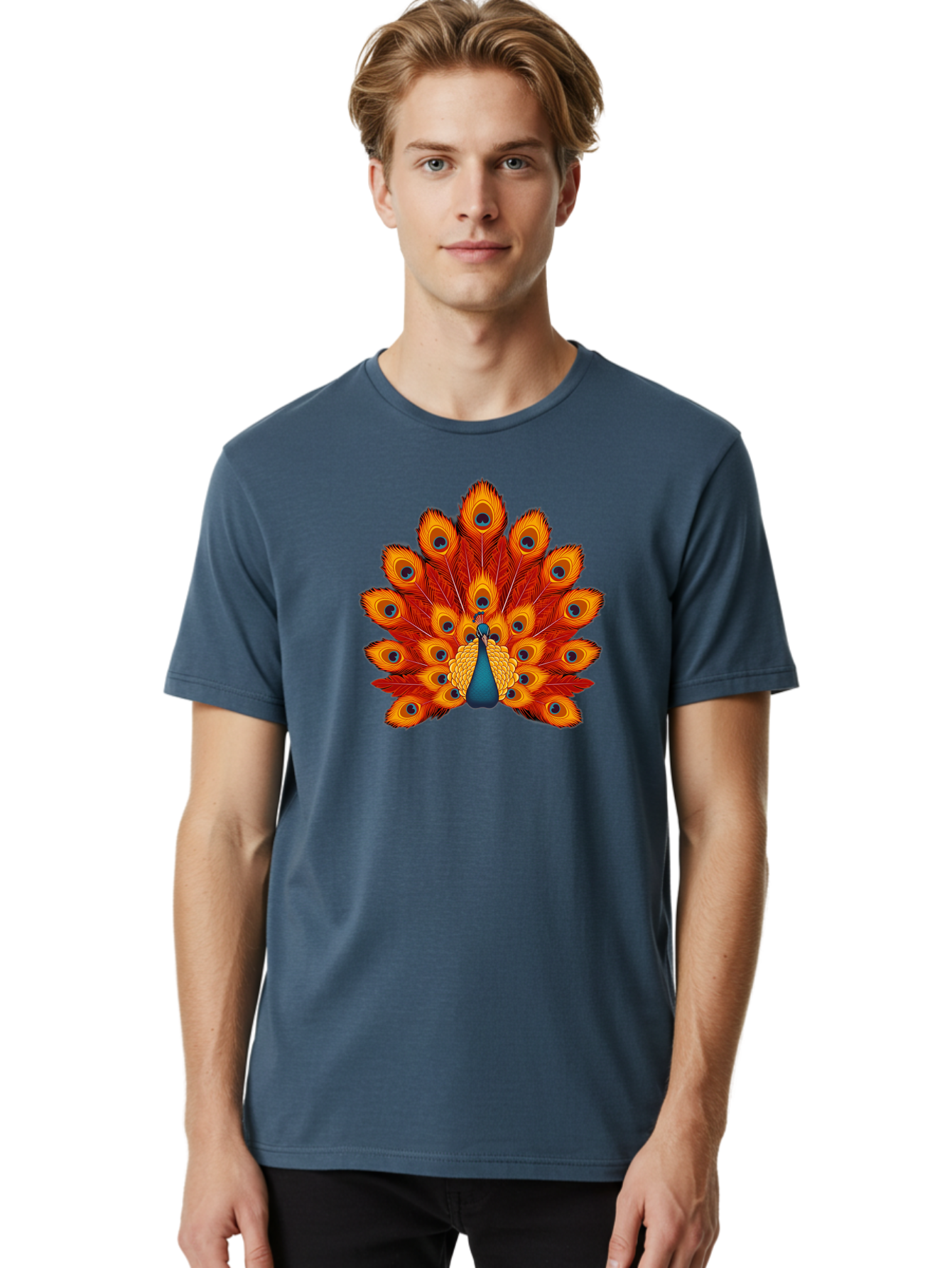 Peacock-32 Men'S Graphic Tee, 100% Cotton, Comfortable Casual Summer Wear, Machine Washable, Peacock Feathers, Vibrant Colors, Iridescent Blues, Orange And Yellow Hues, Eye-Catching Pattern, Exotic Bird, Majestic Plumage, Eye Spots, Bab095 16