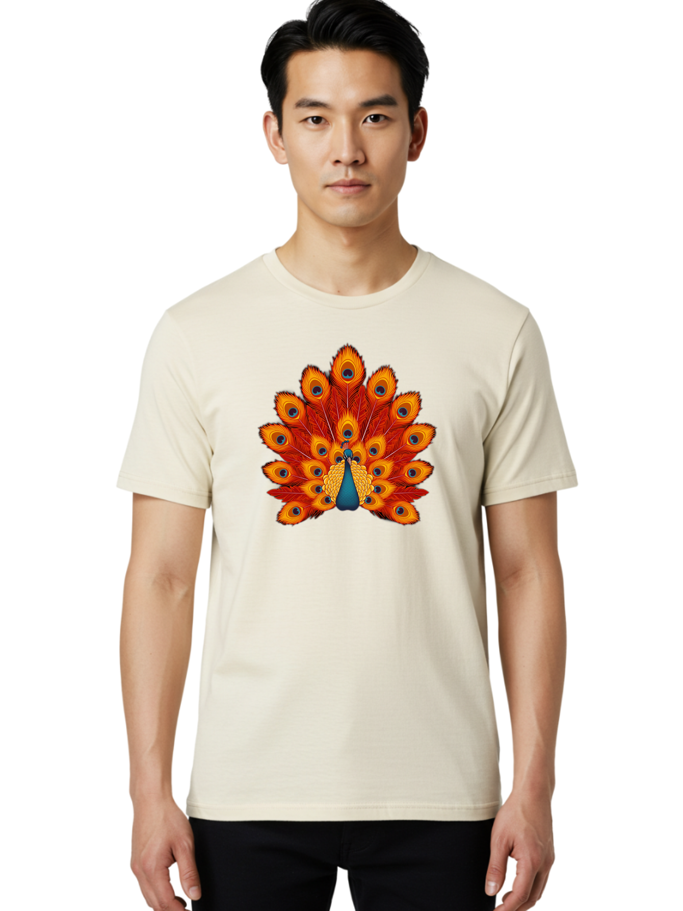 Peacock-32 Men'S Graphic Tee, 100% Cotton, Comfortable Casual Summer Wear, Machine Washable, Peacock Feathers, Vibrant Colors, Iridescent Blues, Orange And Yellow Hues, Eye-Catching Pattern, Exotic Bird, Majestic Plumage, Eye Spots, Bab095 30