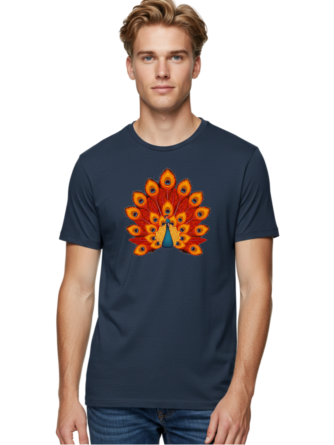Peacock-32 Men'S Graphic Tee, 100% Cotton, Comfortable Casual Summer Wear, Machine Washable, Peacock Feathers, Vibrant Colors, Iridescent Blues, Orange And Yellow Hues, Eye-Catching Pattern, Exotic Bird, Majestic Plumage, Eye Spots, Bab095 22