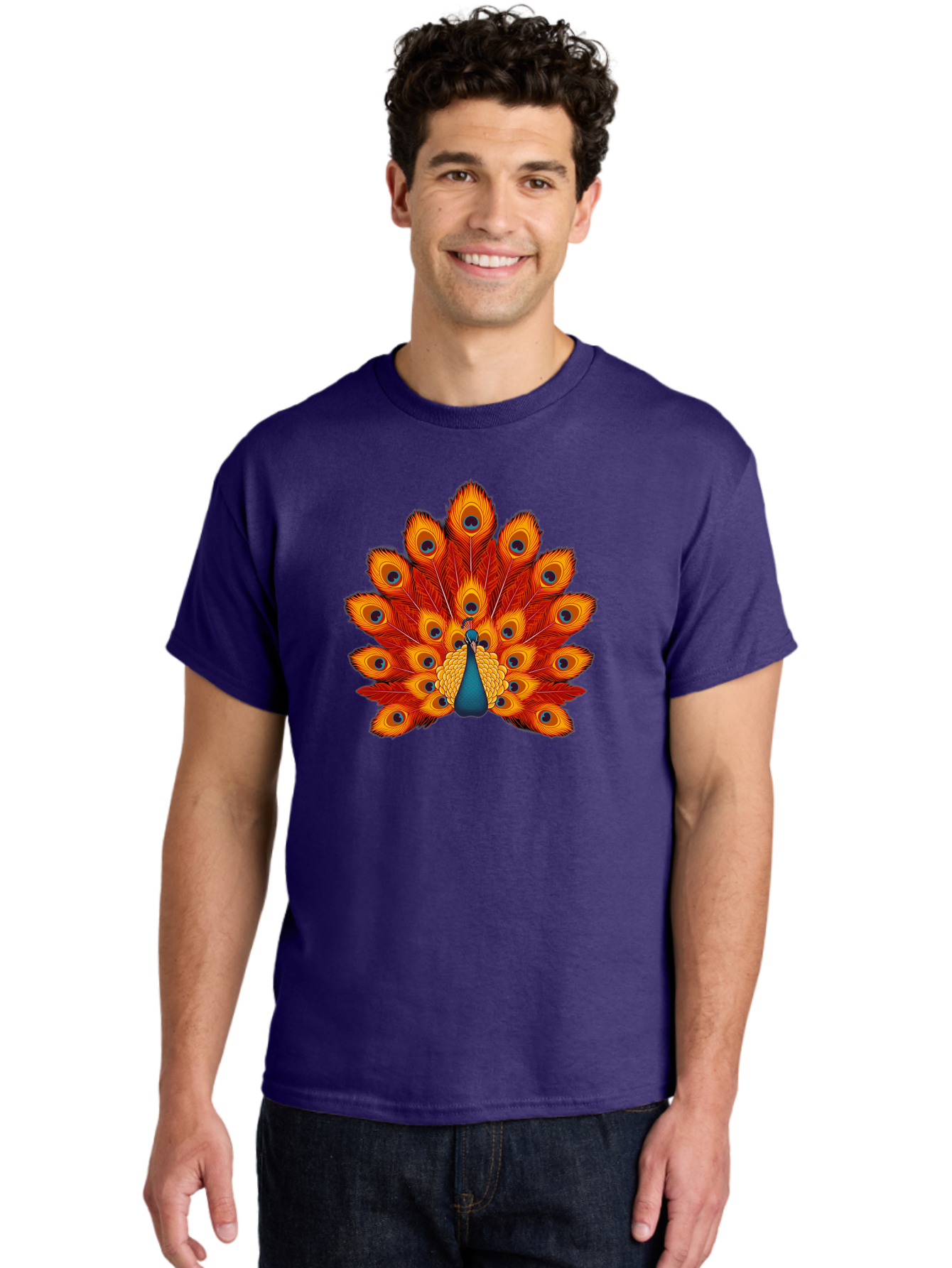 Peacock-32 Men'S Graphic Tee, 100% Cotton, Comfortable Casual Summer Wear, Machine Washable, Peacock Feathers, Vibrant Colors, Iridescent Blues, Orange And Yellow Hues, Eye-Catching Pattern, Exotic Bird, Majestic Plumage, Eye Spots, Bab095 12