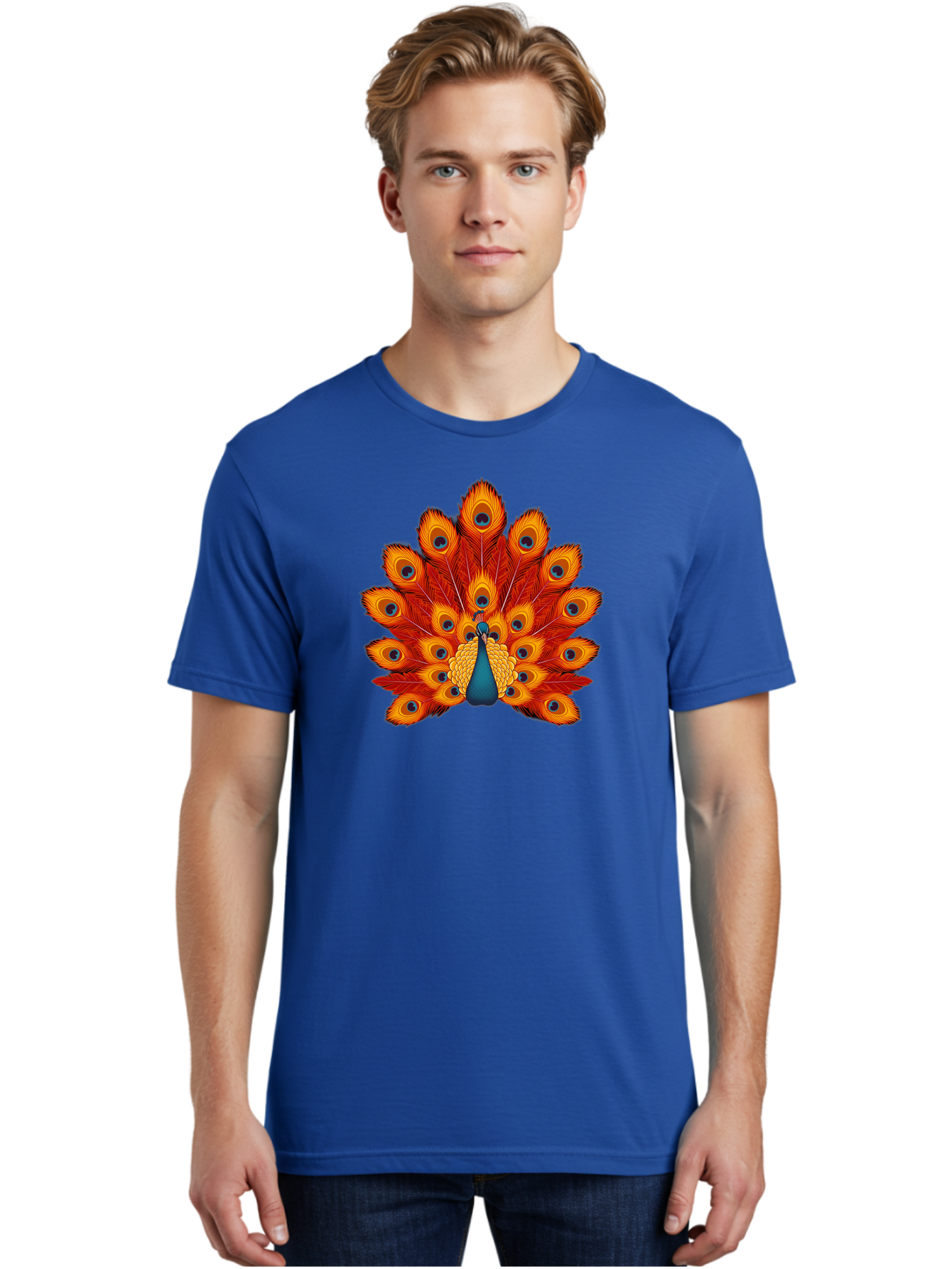 Peacock-32 Men'S Graphic Tee, 100% Cotton, Comfortable Casual Summer Wear, Machine Washable, Peacock Feathers, Vibrant Colors, Iridescent Blues, Orange And Yellow Hues, Eye-Catching Pattern, Exotic Bird, Majestic Plumage, Eye Spots, Bab095 18