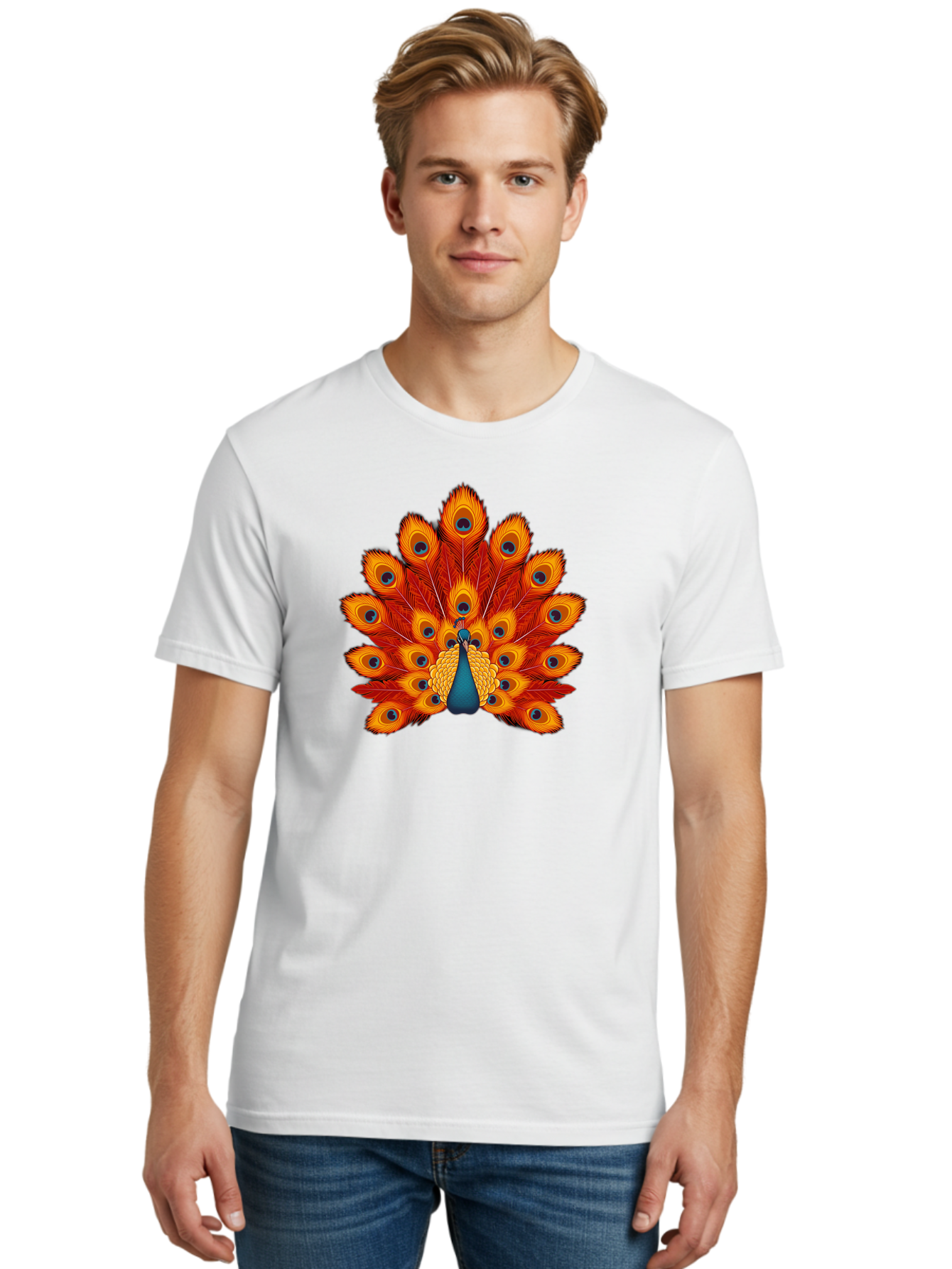 Peacock-32 Men'S Graphic Tee, 100% Cotton, Comfortable Casual Summer Wear, Machine Washable, Peacock Feathers, Vibrant Colors, Iridescent Blues, Orange And Yellow Hues, Eye-Catching Pattern, Exotic Bird, Majestic Plumage, Eye Spots, Bab095 14