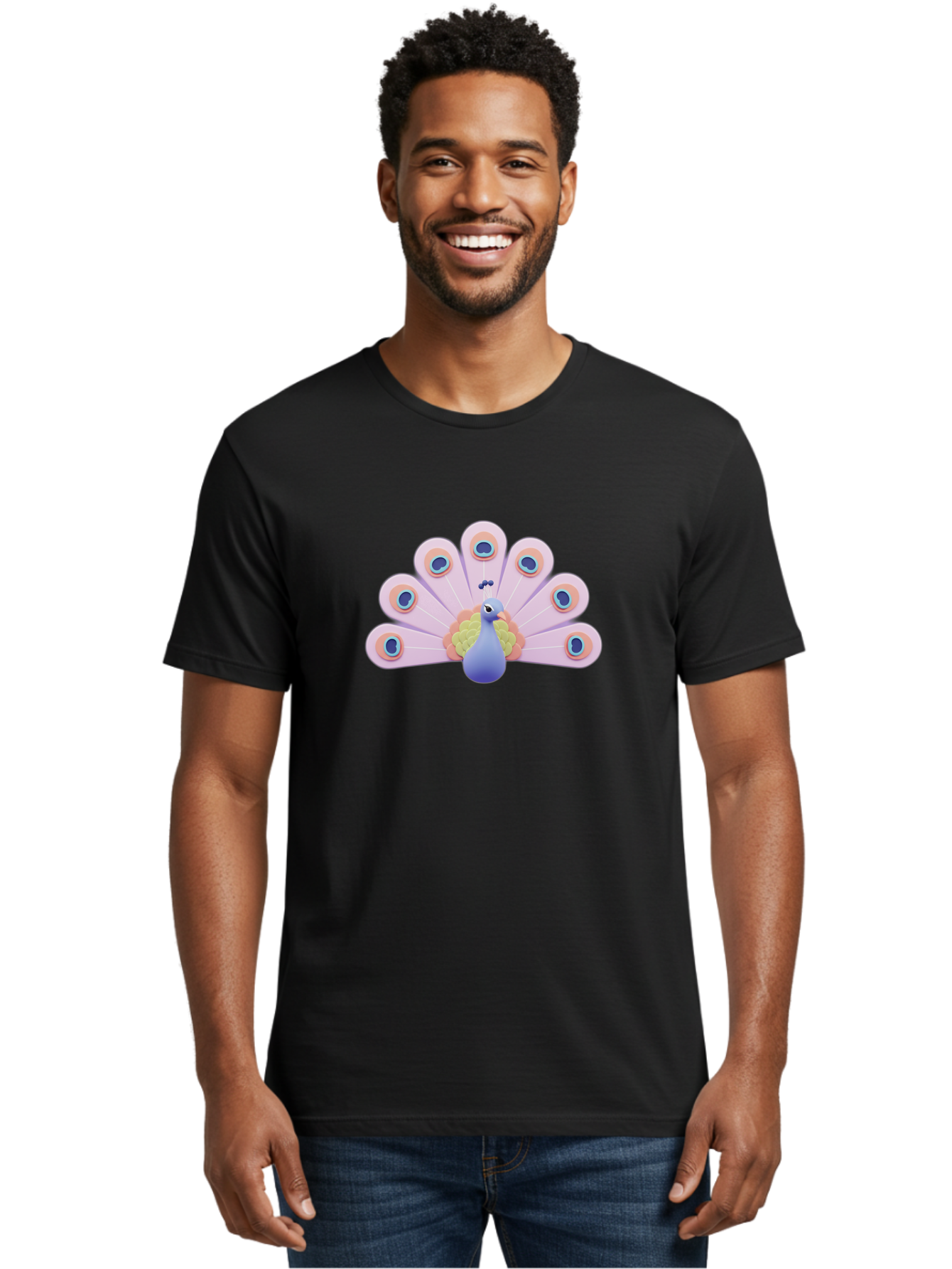 Peacock-4 Men'S Graphic Tee, 100% Cotton, Comfortable Casual Summer Wear, Machine Washable, Peacock Illustration, Colorful Plumage, Blue Bird, Purple Feathers, Orange Accents, Eye-Catching Design, Stylized Artwork, Vibrant Colors, Bab098 18