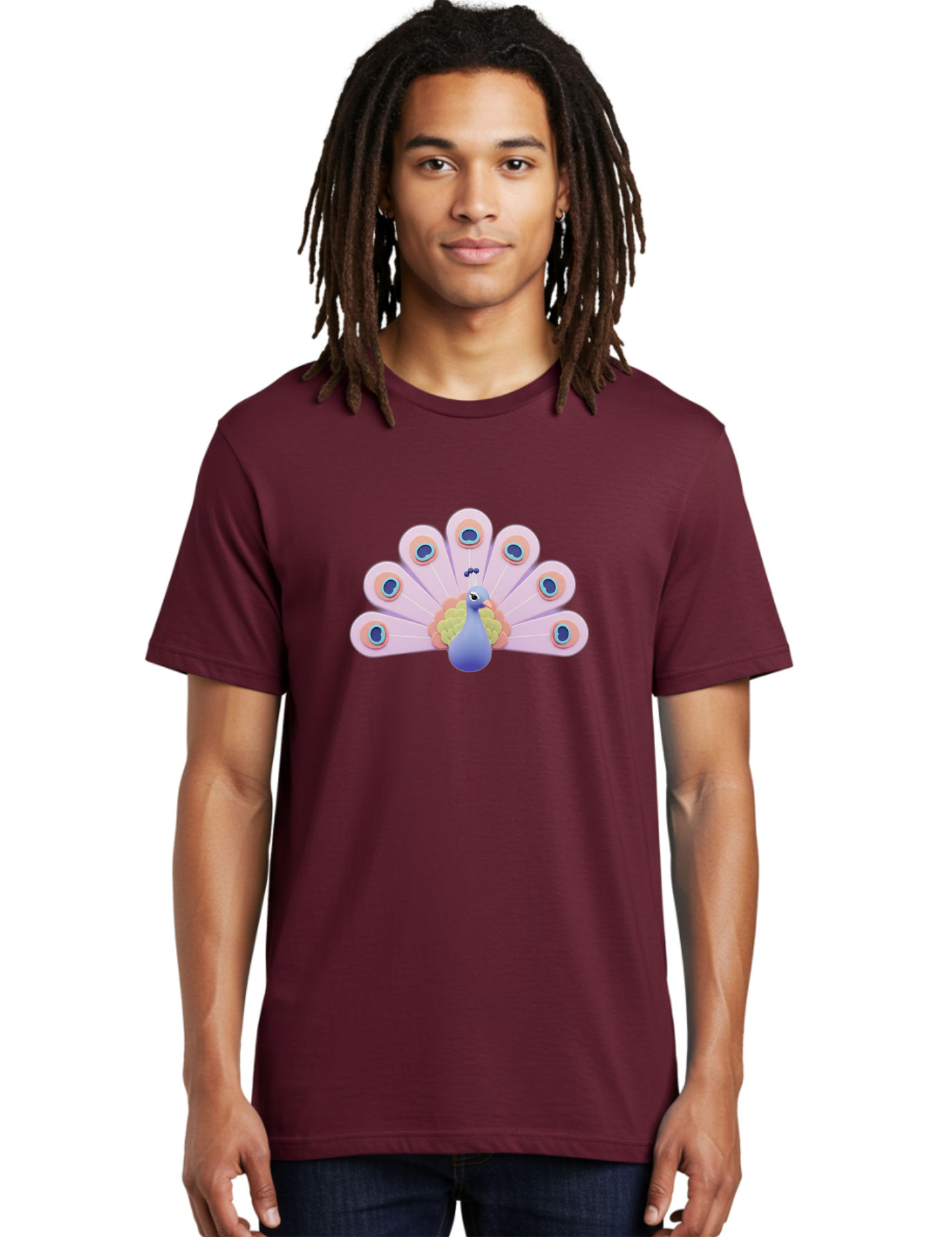 Peacock-4 Men'S Graphic Tee, 100% Cotton, Comfortable Casual Summer Wear, Machine Washable, Peacock Illustration, Colorful Plumage, Blue Bird, Purple Feathers, Orange Accents, Eye-Catching Design, Stylized Artwork, Vibrant Colors, Bab098 16