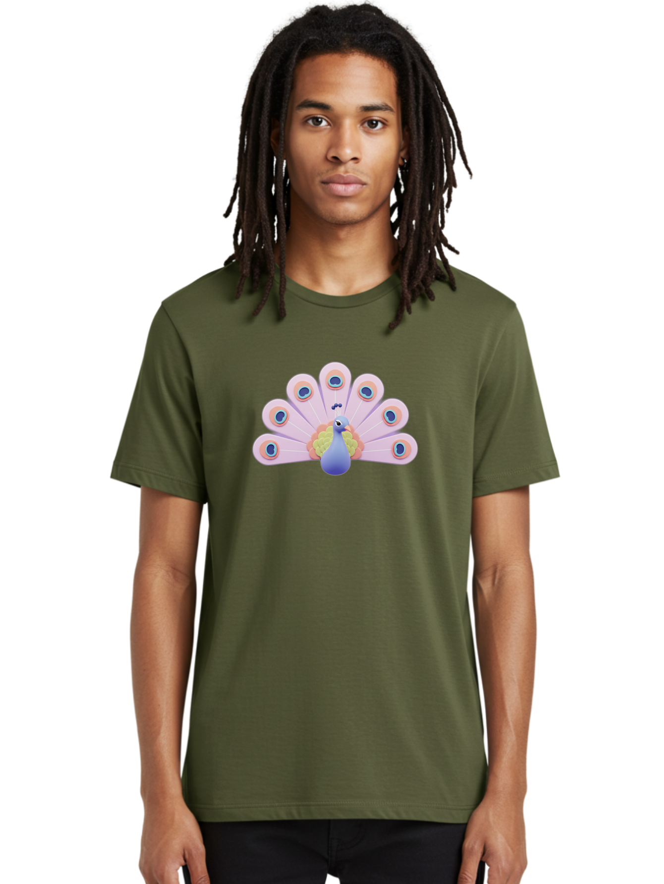 Peacock-4 Men'S Graphic Tee, 100% Cotton, Comfortable Casual Summer Wear, Machine Washable, Peacock Illustration, Colorful Plumage, Blue Bird, Purple Feathers, Orange Accents, Eye-Catching Design, Stylized Artwork, Vibrant Colors, Bab098 20