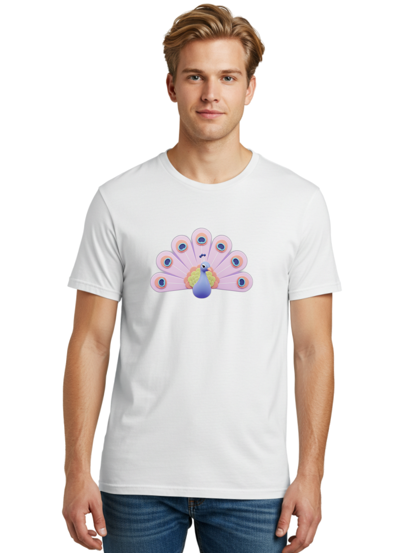 Peacock-4 Men'S Graphic Tee, 100% Cotton, Comfortable Casual Summer Wear, Machine Washable, Peacock Illustration, Colorful Plumage, Blue Bird, Purple Feathers, Orange Accents, Eye-Catching Design, Stylized Artwork, Vibrant Colors, Bab098 24