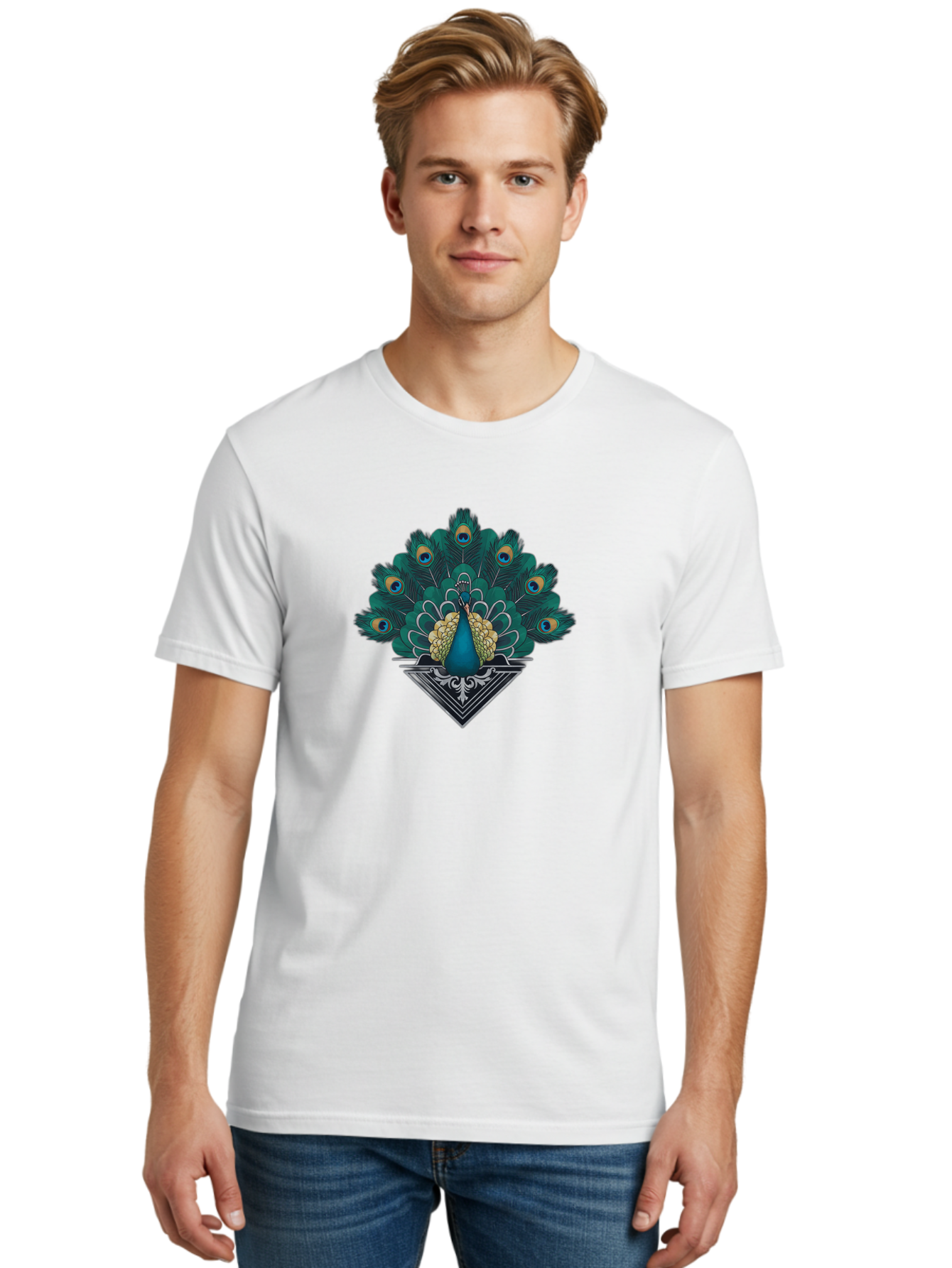 Peacock-Design Men'S Graphic Tee, 100% Cotton, Comfortable Casual Summer Wear, Machine Washable, Peacock, Vibrant Plumage, Blue And Gold Feathers, Ornate Design, Majestic Bird, Display Of Feathers, Symbolic Beauty, Elegant Pattern Bab104 8
