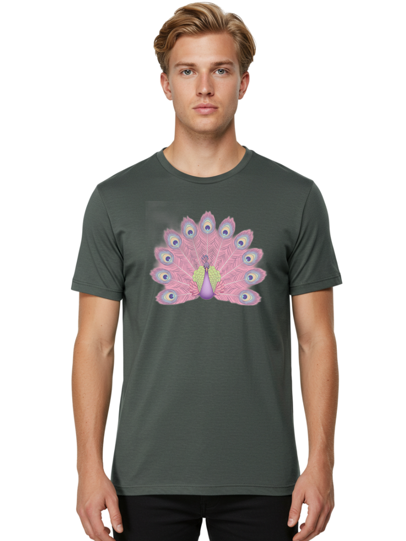 Peacock-Display-1 Men'S Graphic Tee, 100% Cotton, Comfortable Casual Summer Wear, Machine Washable, Peacock With Full Plumage, Vibrant Feathers, Pink And Purple Hues, Green And Blue Accents, Eye-Catching Display, Majestic Bird, Bab105 20
