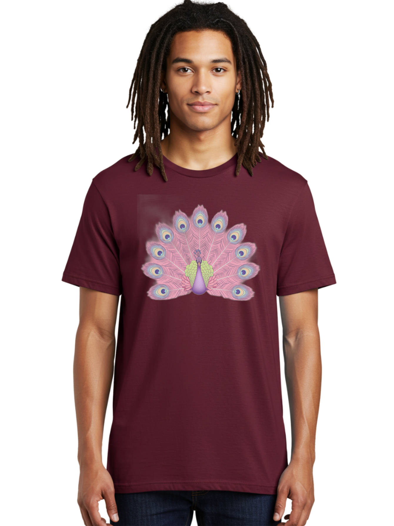 Peacock-Display-1 Men'S Graphic Tee, 100% Cotton, Comfortable Casual Summer Wear, Machine Washable, Peacock With Full Plumage, Vibrant Feathers, Pink And Purple Hues, Green And Blue Accents, Eye-Catching Display, Majestic Bird, Bab105 16