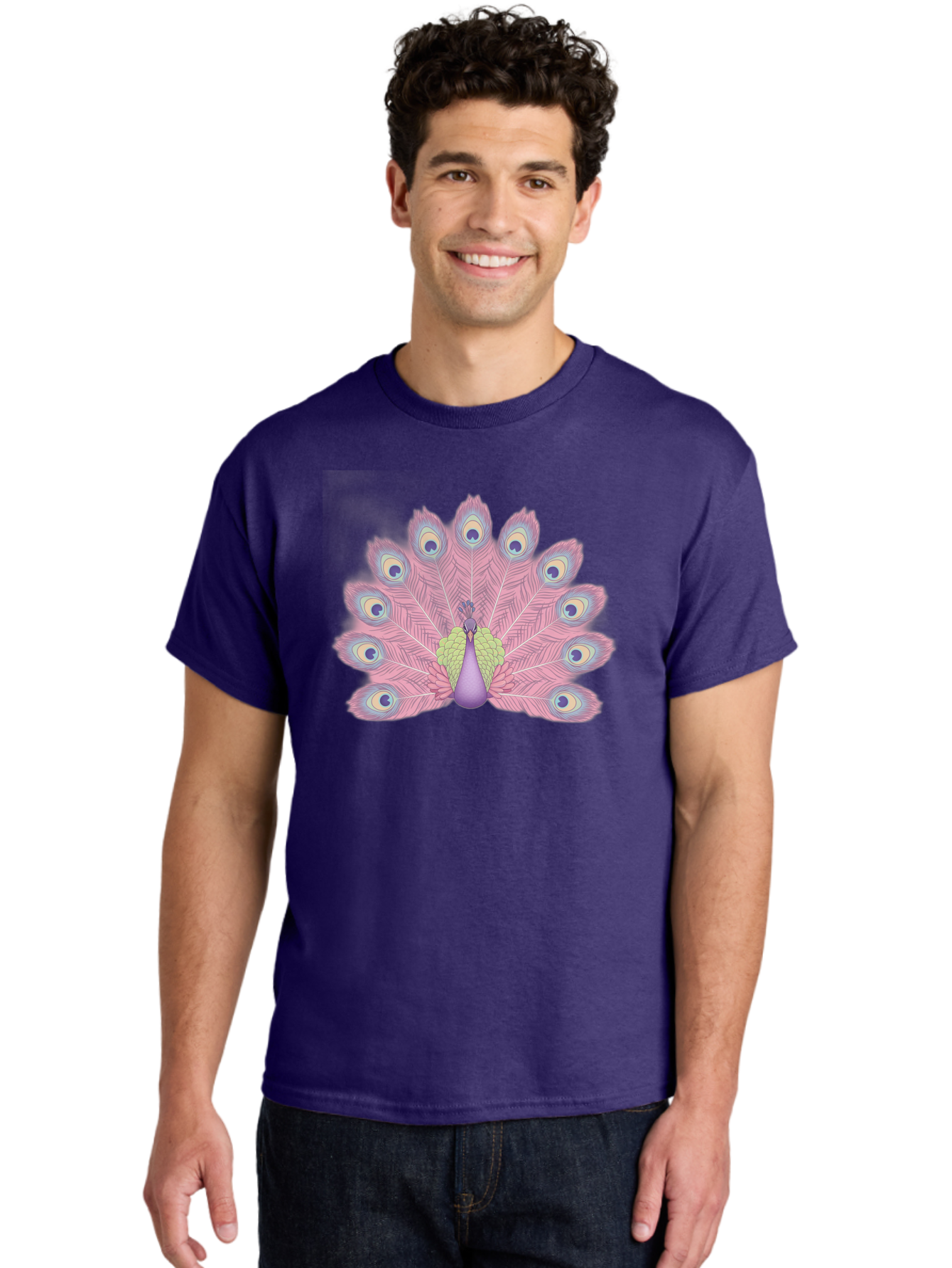 Peacock-Display-1 Men'S Graphic Tee, 100% Cotton, Comfortable Casual Summer Wear, Machine Washable, Peacock With Full Plumage, Vibrant Feathers, Pink And Purple Hues, Green And Blue Accents, Eye-Catching Display, Majestic Bird, Bab105 24