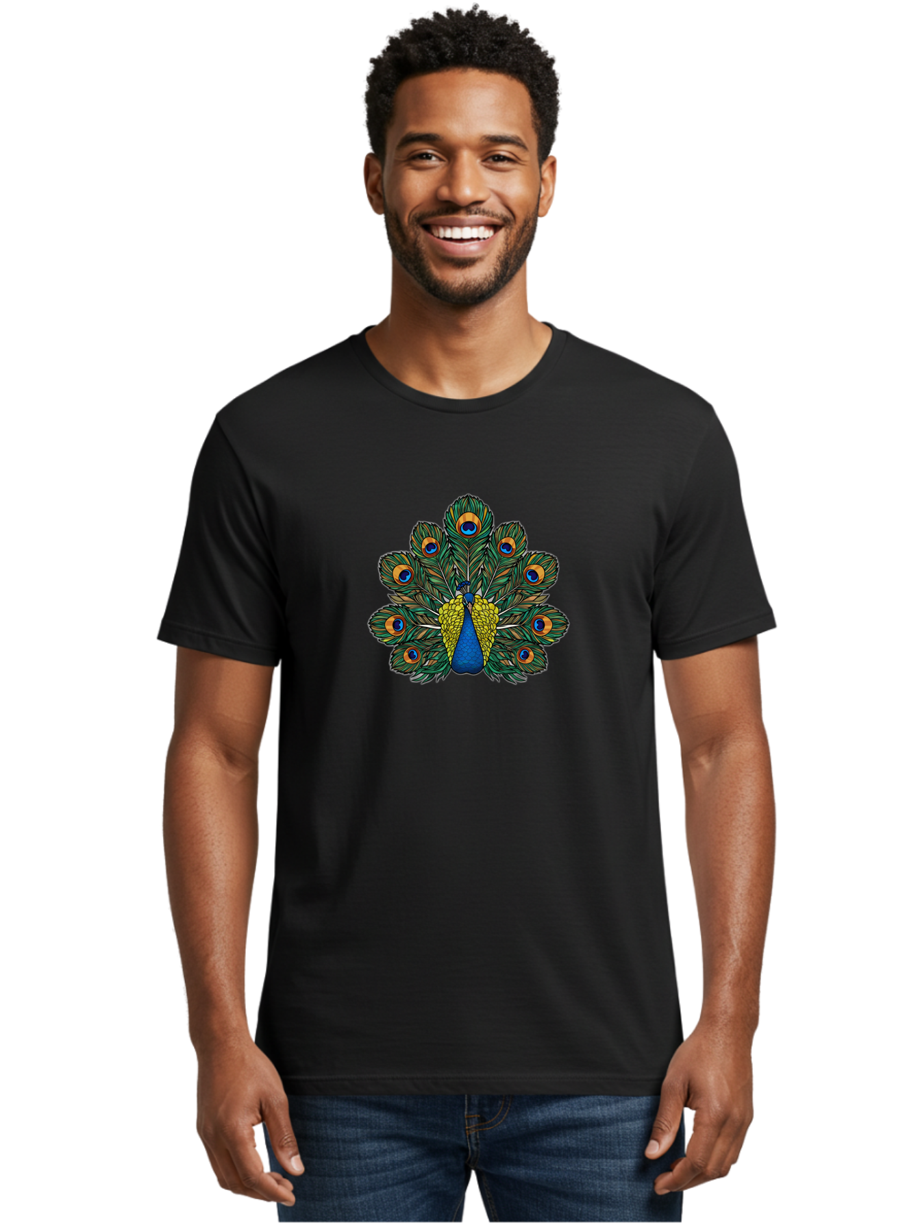 Peacock-Feather-1 Men'S Graphic Tee, 100% Cotton, Comfortable Casual Summer Wear, Machine Washable, Peacock Spreading Its Feathers, Vibrant Plumage, Blue And Gold Colors, Eye-Catching Display, Majestic Bird, Colorful Illustration, Bab107 28