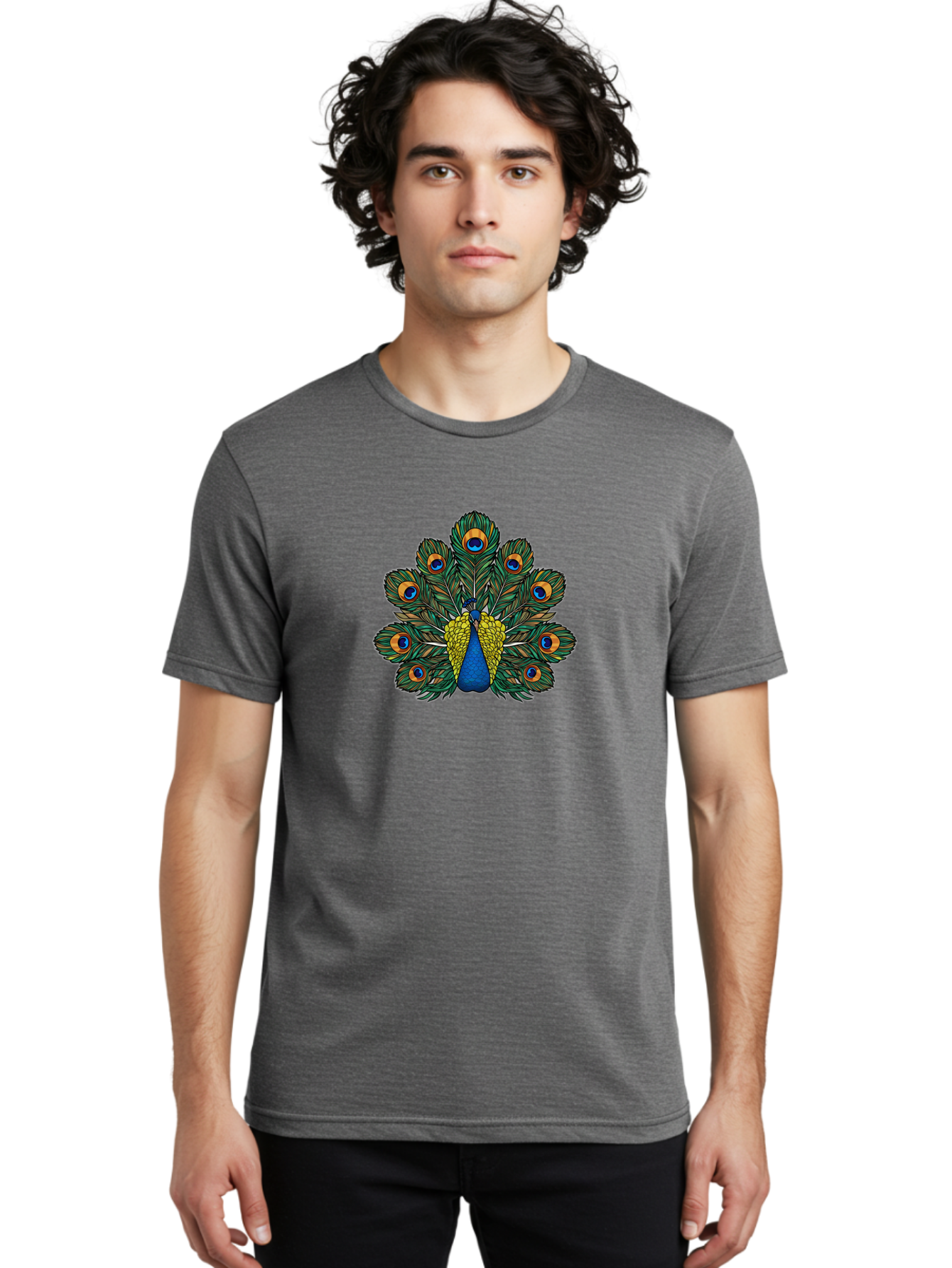 Peacock-Feather-1 Men'S Graphic Tee, 100% Cotton, Comfortable Casual Summer Wear, Machine Washable, Peacock Spreading Its Feathers, Vibrant Plumage, Blue And Gold Colors, Eye-Catching Display, Majestic Bird, Colorful Illustration, Bab107 12