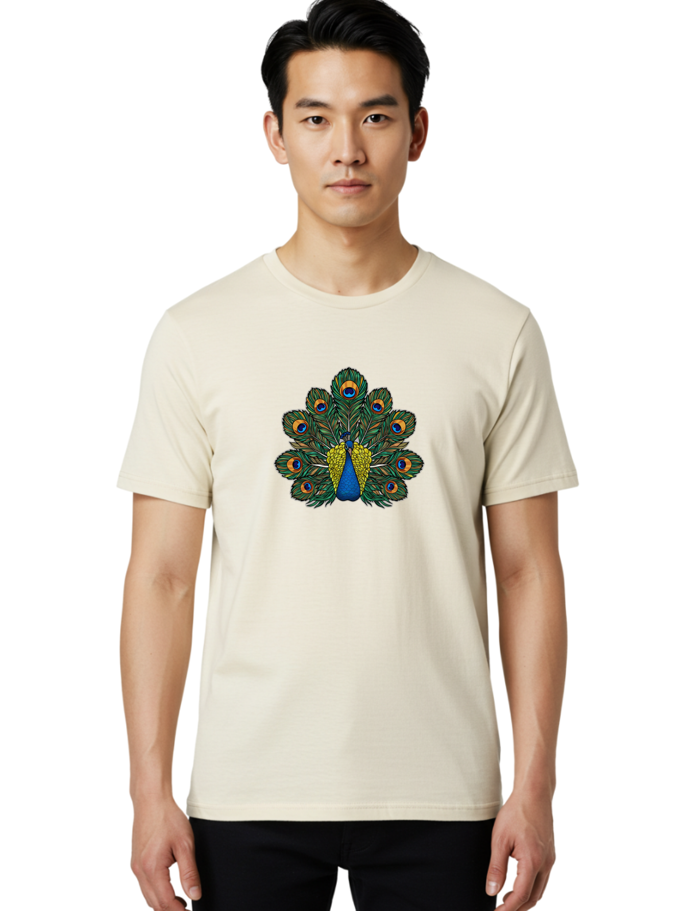Peacock-Feather-1 Men'S Graphic Tee, 100% Cotton, Comfortable Casual Summer Wear, Machine Washable, Peacock Spreading Its Feathers, Vibrant Plumage, Blue And Gold Colors, Eye-Catching Display, Majestic Bird, Colorful Illustration, Bab107 6