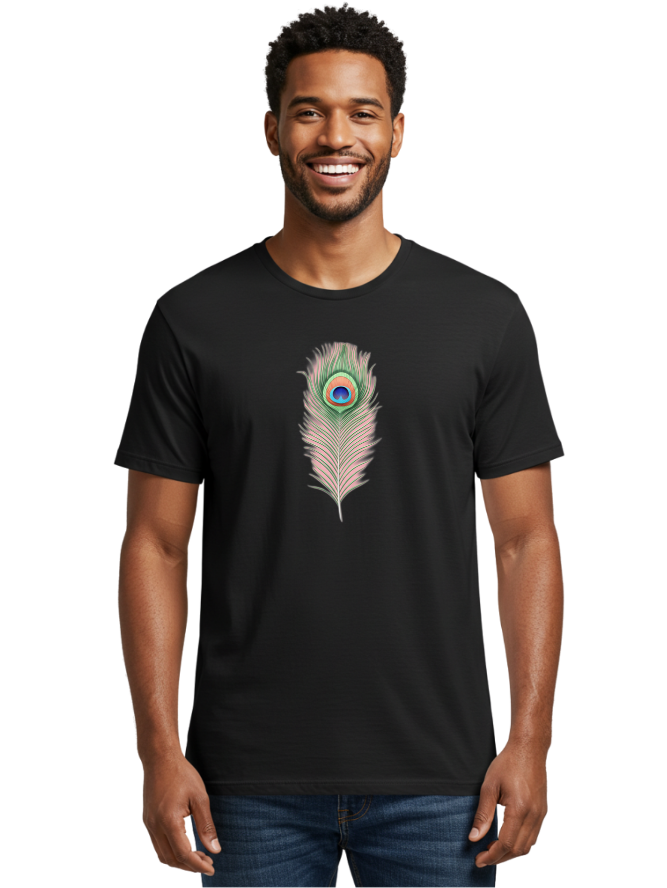 Peacock-Feather-3 Men'S Graphic Tee, 100% Cotton, Comfortable Casual Summer Wear, Machine Washable, Peacock Feather Illustration, Colorful Plumage, Vibrant Eye, Bird Anatomy, Nature Graphics, Exotic Design, Ornamental Art, Bab111 28