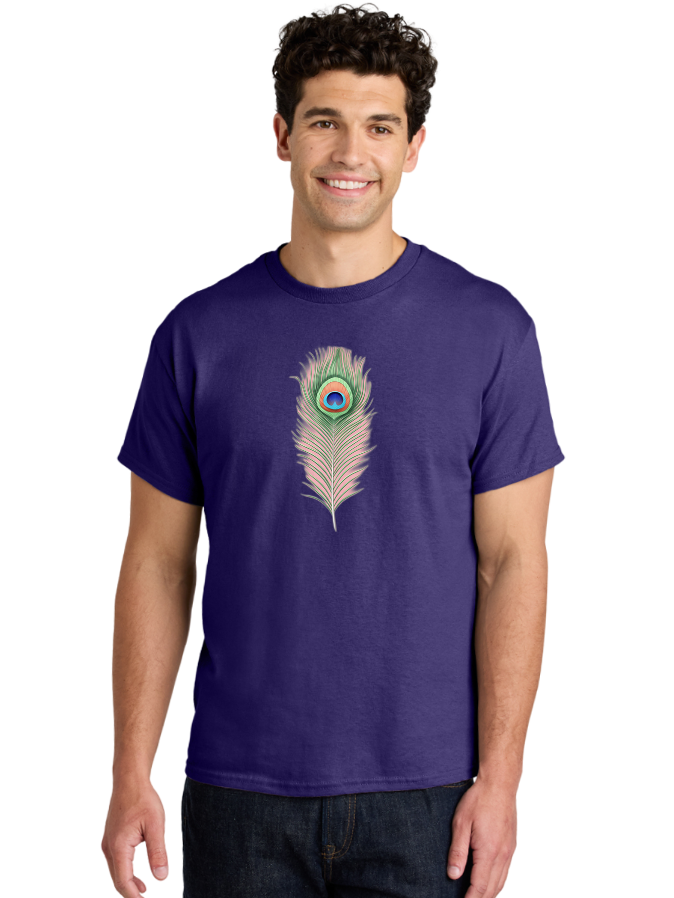 Peacock-Feather-3 Men'S Graphic Tee, 100% Cotton, Comfortable Casual Summer Wear, Machine Washable, Peacock Feather Illustration, Colorful Plumage, Vibrant Eye, Bird Anatomy, Nature Graphics, Exotic Design, Ornamental Art, Bab111 24