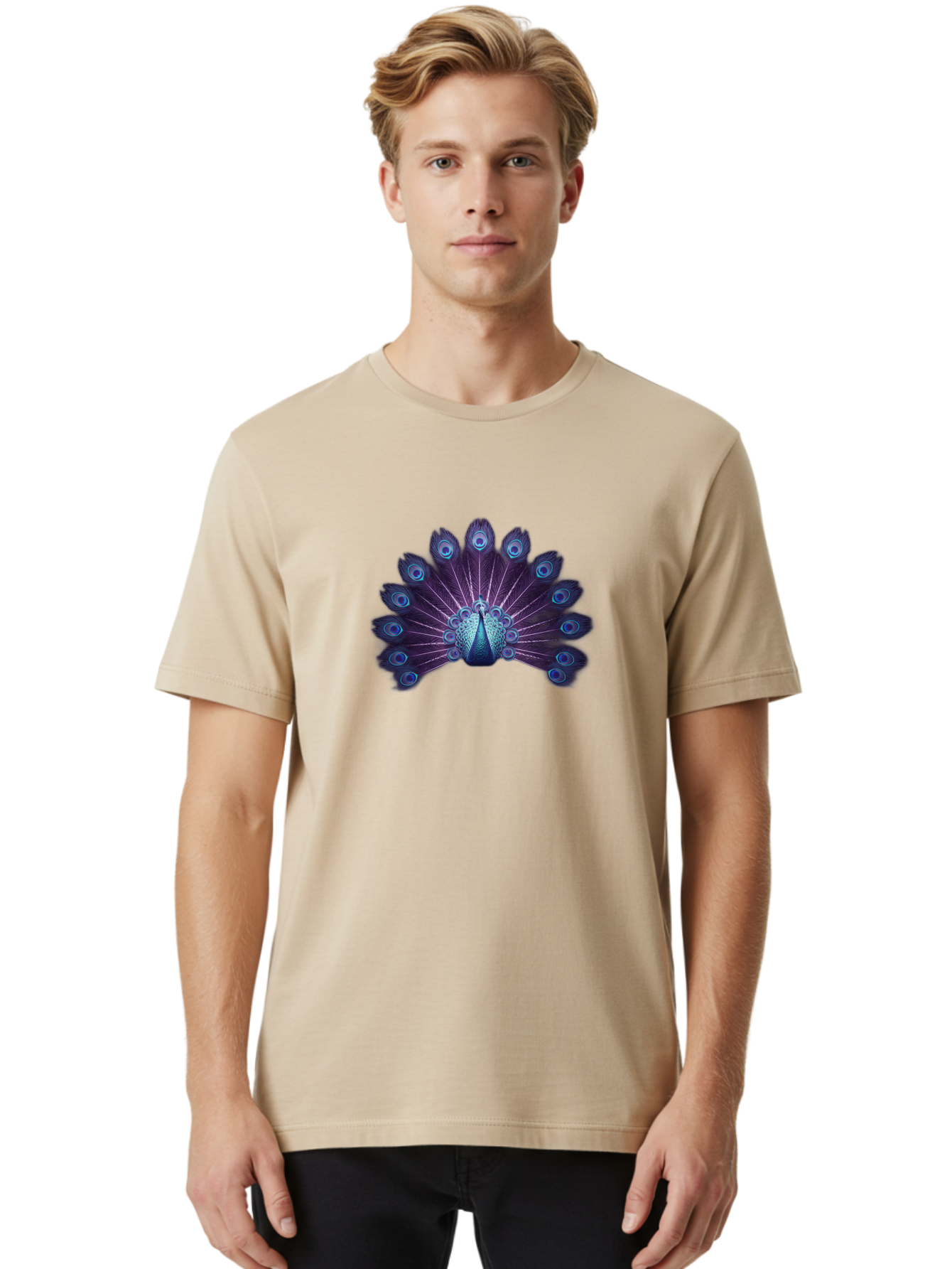 Peacock-Feather-5 Men'S Graphic Tee, 100% Cotton, Comfortable Casual Summer Wear, Machine Washable, Peacock, Tail Feathers, Vibrant Colors, Blue And Purple Hues, Eye-Catching Display, Natural Beauty, Majestic Plumage, Intricate Patterns, Bab113 4