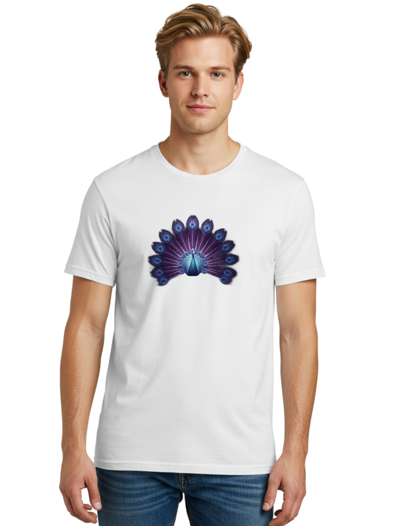 Peacock-Feather-5 Men'S Graphic Tee, 100% Cotton, Comfortable Casual Summer Wear, Machine Washable, Peacock, Tail Feathers, Vibrant Colors, Blue And Purple Hues, Eye-Catching Display, Natural Beauty, Majestic Plumage, Intricate Patterns, Bab113 8