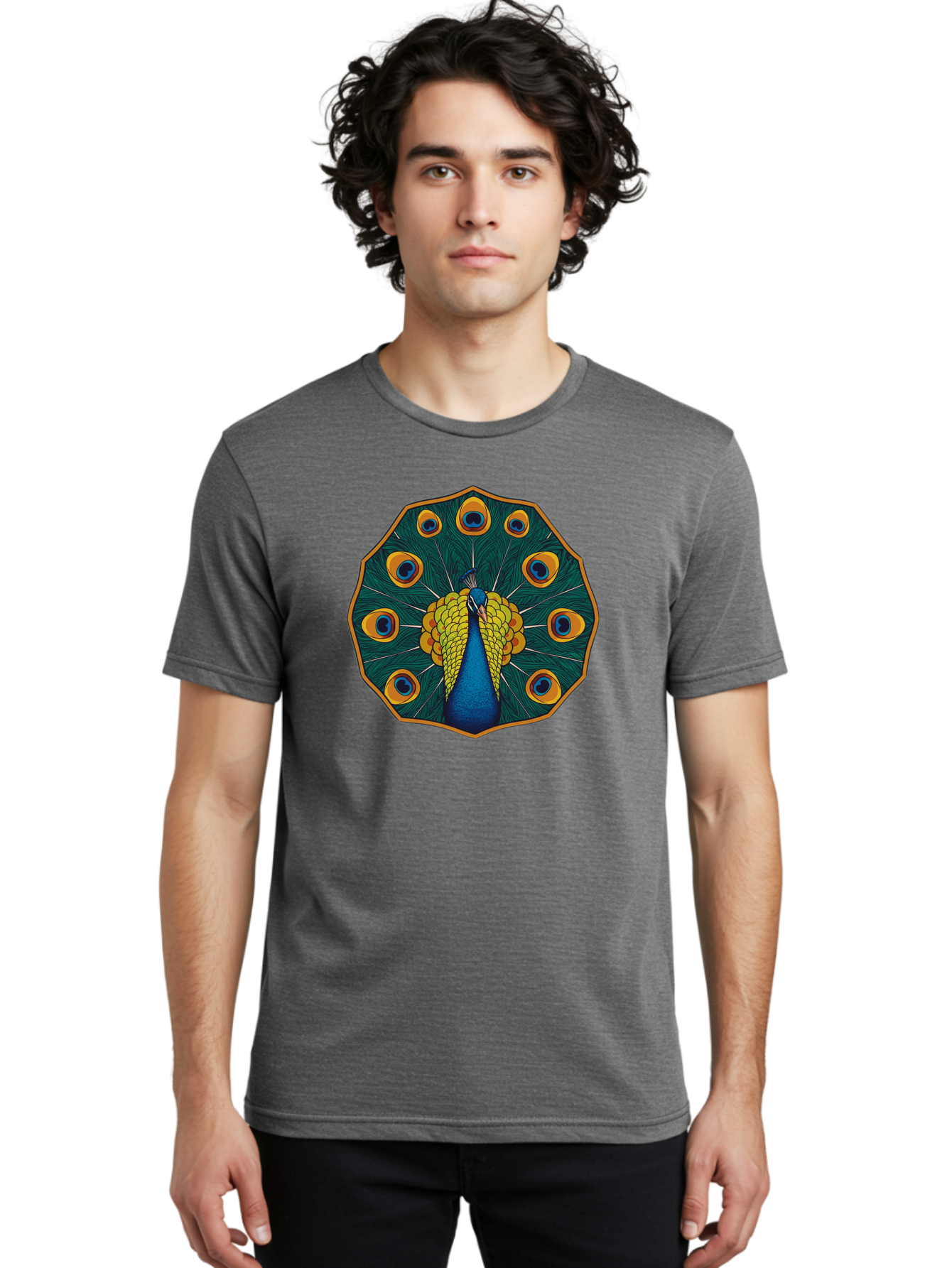 Peacock-Feather-6 Men'S Graphic Tee, 100% Cotton, Comfortable Casual Summer Wear, Machine Washable, Peacock Feather, Blue And Yellow Plumage, Vibrant Colors, Eye-Catching Pattern, Circular Design, Nature-Inspired Art, Bird Motif, Bab114 12