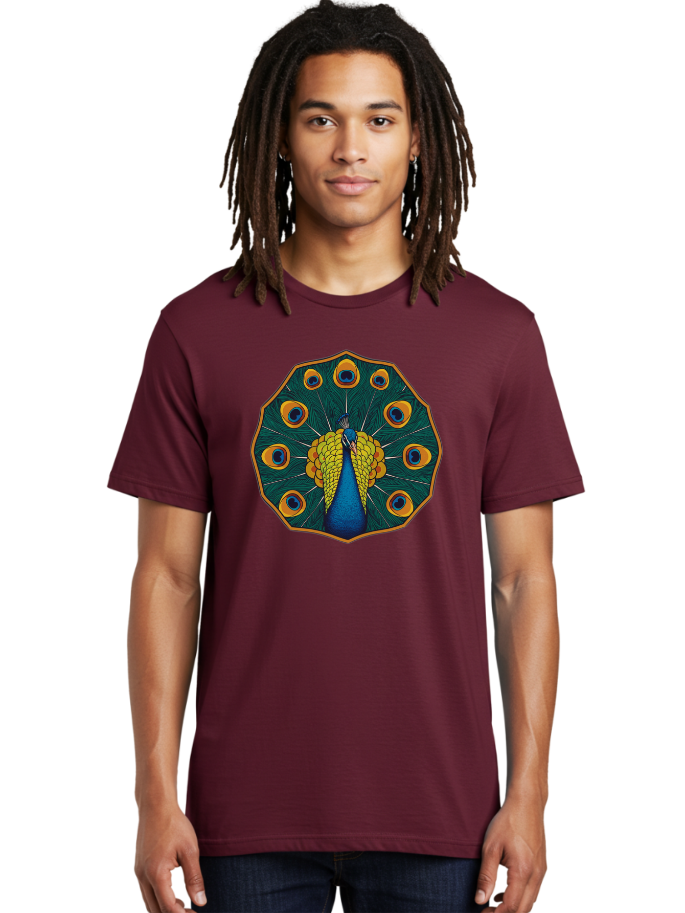 Peacock-Feather-6 Men'S Graphic Tee, 100% Cotton, Comfortable Casual Summer Wear, Machine Washable, Peacock Feather, Blue And Yellow Plumage, Vibrant Colors, Eye-Catching Pattern, Circular Design, Nature-Inspired Art, Bird Motif, Bab114 16