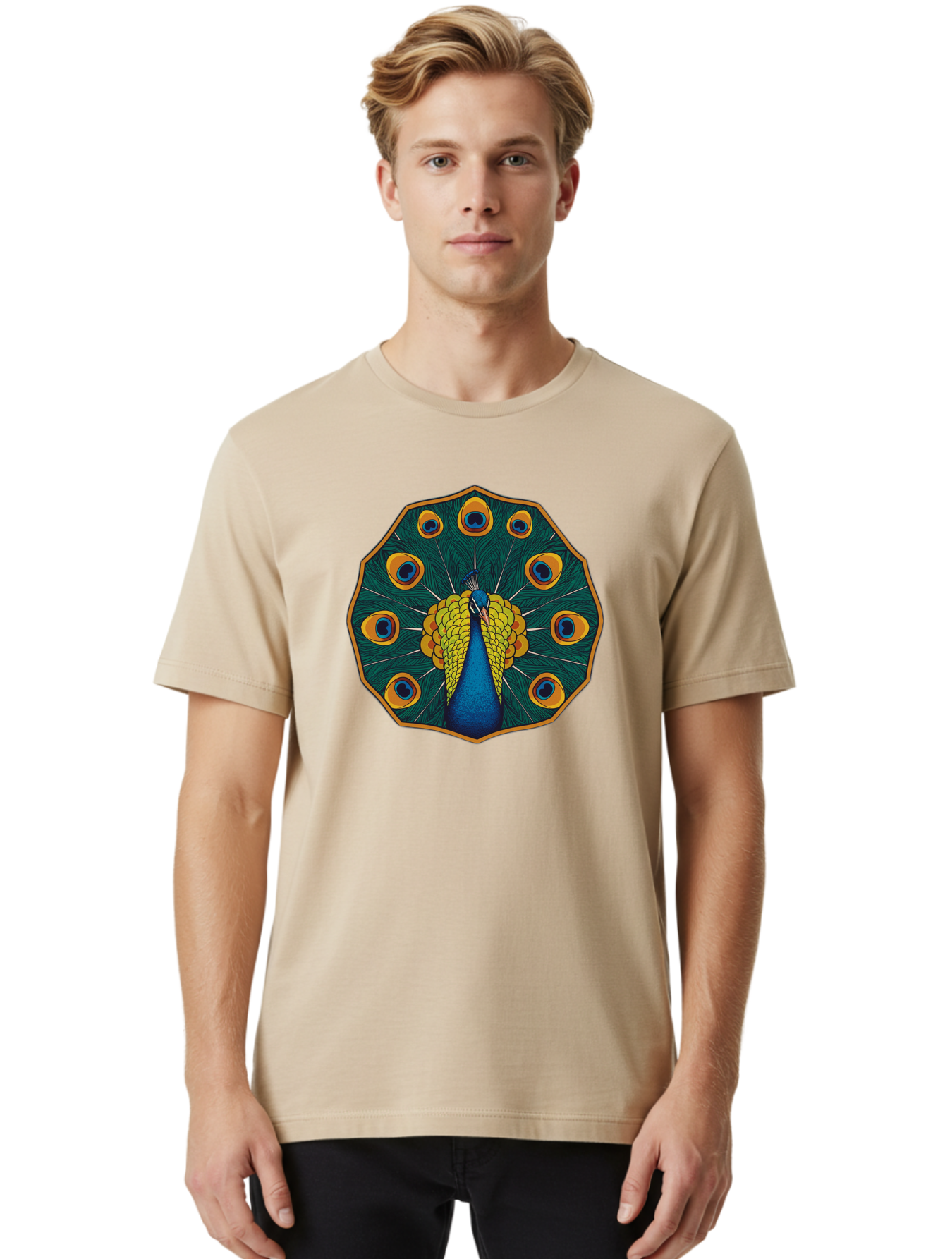 Peacock-Feather-6 Men'S Graphic Tee, 100% Cotton, Comfortable Casual Summer Wear, Machine Washable, Peacock Feather, Blue And Yellow Plumage, Vibrant Colors, Eye-Catching Pattern, Circular Design, Nature-Inspired Art, Bird Motif, Bab114 4