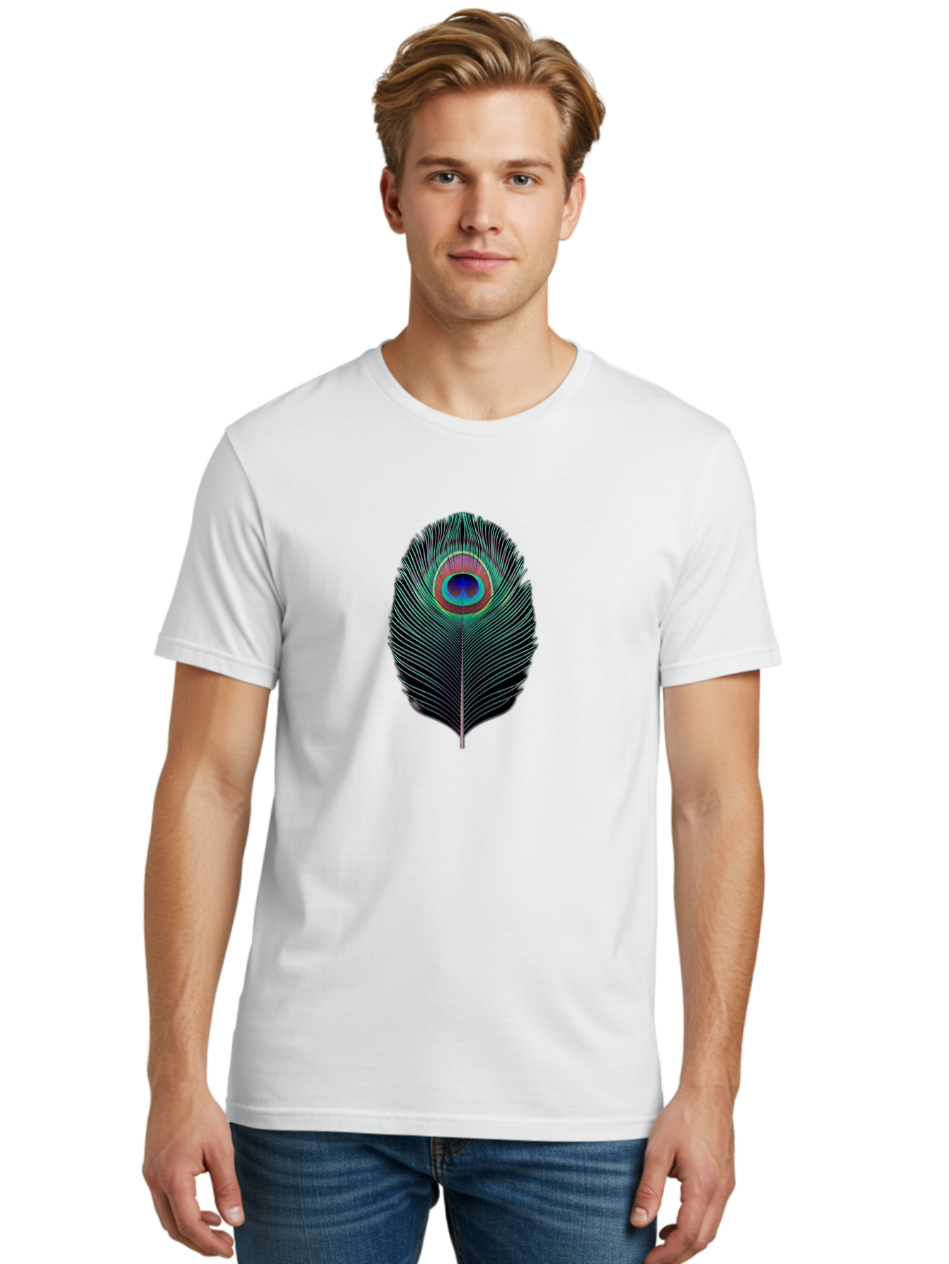 Peacock-Feather-7 Men'S Graphic Tee, 100% Cotton, Comfortable Casual Summer Wear, Machine Washable, Peacock Feather, Vibrant Colors, Blue, Red, And Turquoise Eye, Black And White Stripes, Majestic Plumage, Exotic Bird, Colorful Pattern, Bab115 8