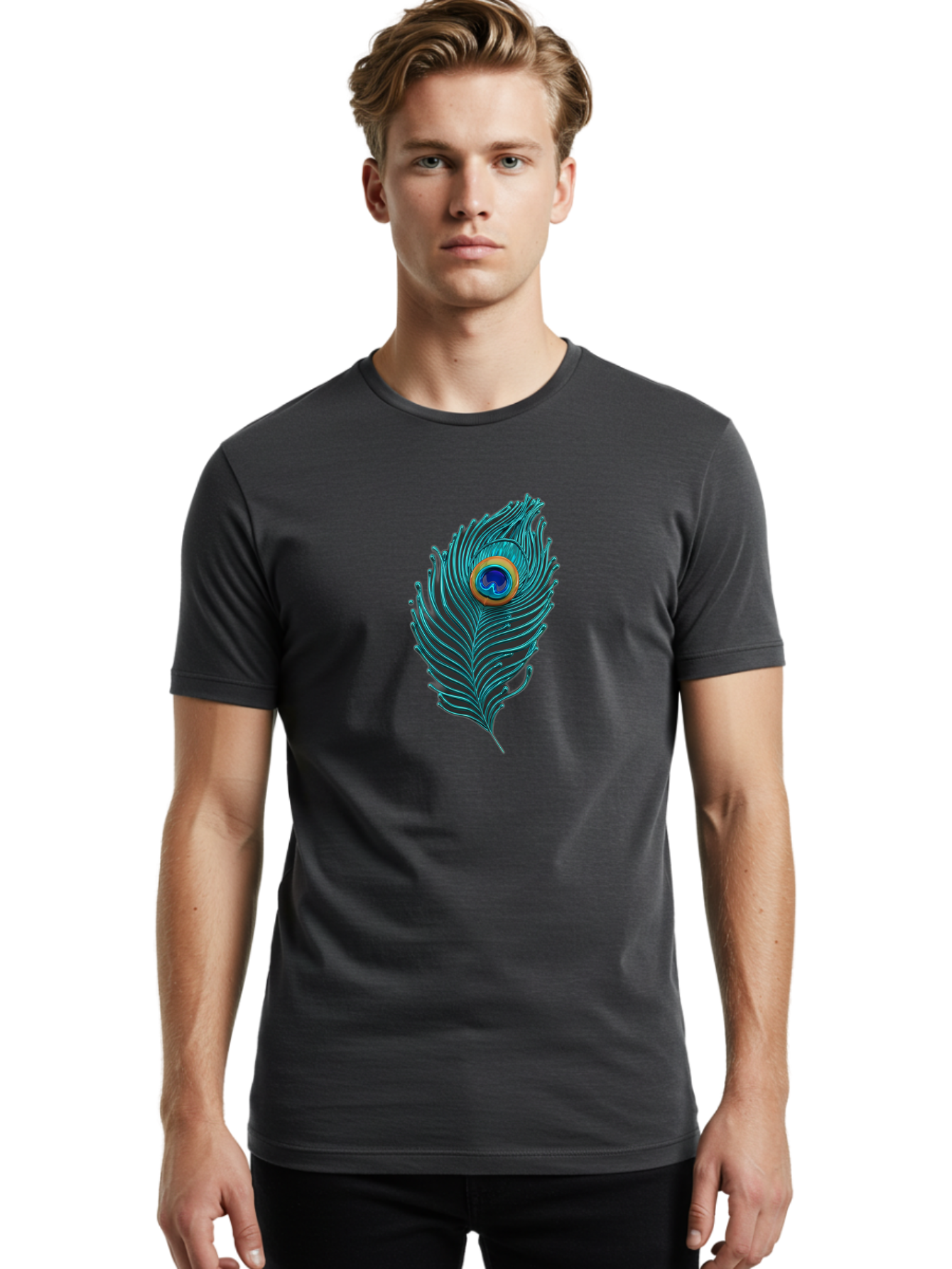 Peacock-Feather-8 Men'S Graphic Tee, 100% Cotton, Comfortable Casual Summer Wear, Machine Washable, Peacock Feather, Vibrant Colors, Teal, Blue, Orange, Elegant Design, Intricate Patterns, Luxurious Feel, Eye-Catching Detail, Stunning Visuals, Bab116 10