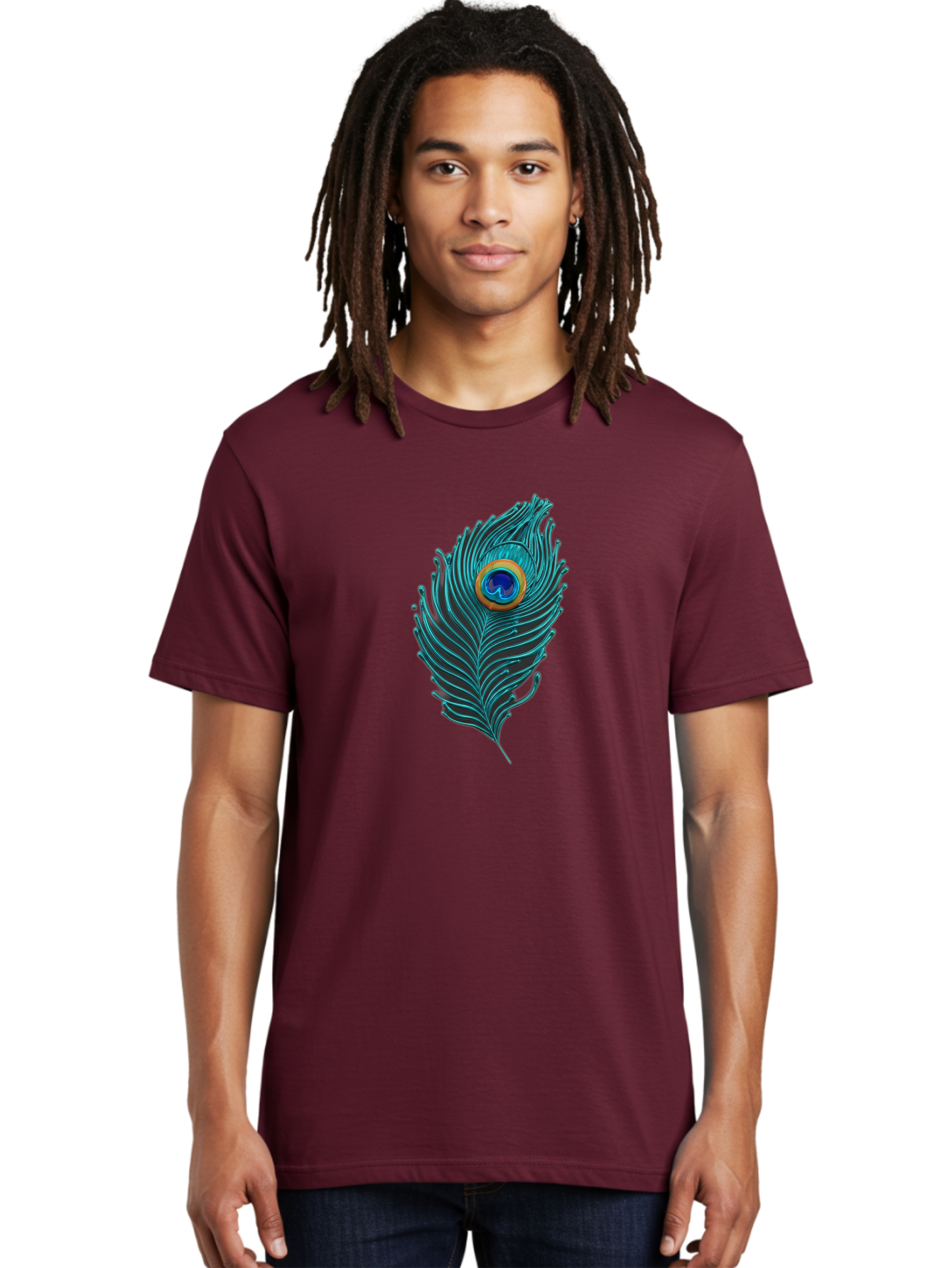 Peacock-Feather-8 Men'S Graphic Tee, 100% Cotton, Comfortable Casual Summer Wear, Machine Washable, Peacock Feather, Vibrant Colors, Teal, Blue, Orange, Elegant Design, Intricate Patterns, Luxurious Feel, Eye-Catching Detail, Stunning Visuals, Bab116 16