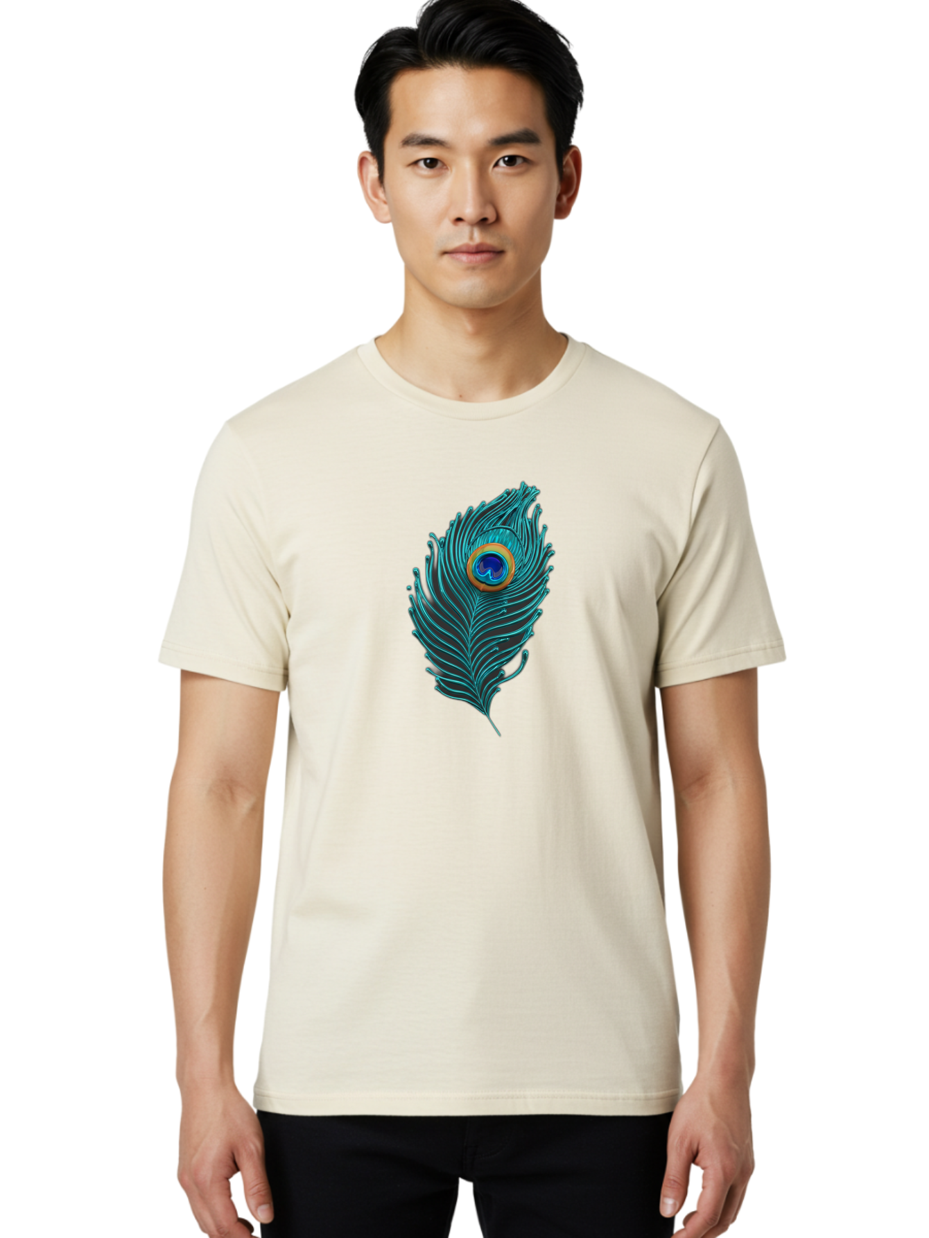 Peacock-Feather-8 Men'S Graphic Tee, 100% Cotton, Comfortable Casual Summer Wear, Machine Washable, Peacock Feather, Vibrant Colors, Teal, Blue, Orange, Elegant Design, Intricate Patterns, Luxurious Feel, Eye-Catching Detail, Stunning Visuals, Bab116 6