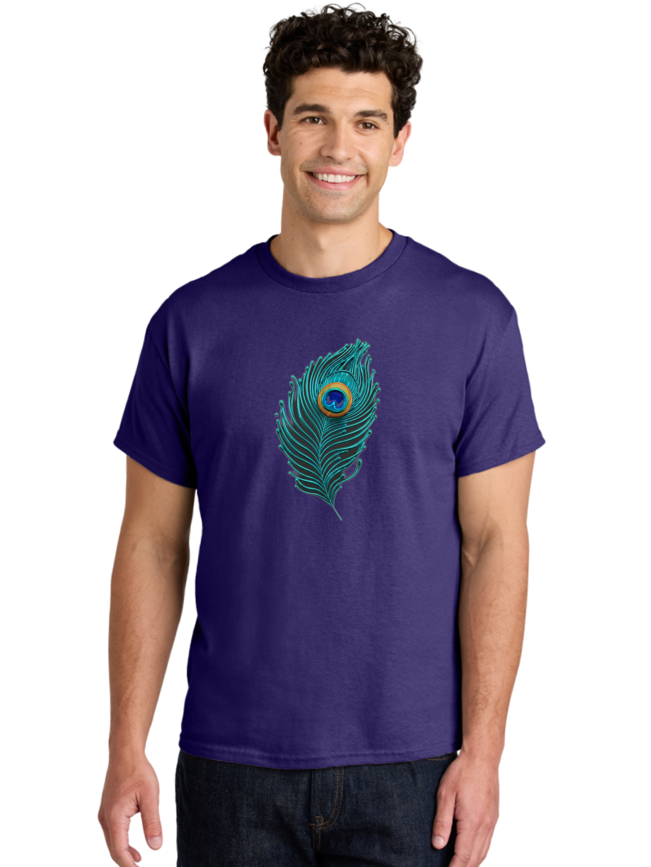 Peacock-Feather-8 Men'S Graphic Tee, 100% Cotton, Comfortable Casual Summer Wear, Machine Washable, Peacock Feather, Vibrant Colors, Teal, Blue, Orange, Elegant Design, Intricate Patterns, Luxurious Feel, Eye-Catching Detail, Stunning Visuals, Bab116 24
