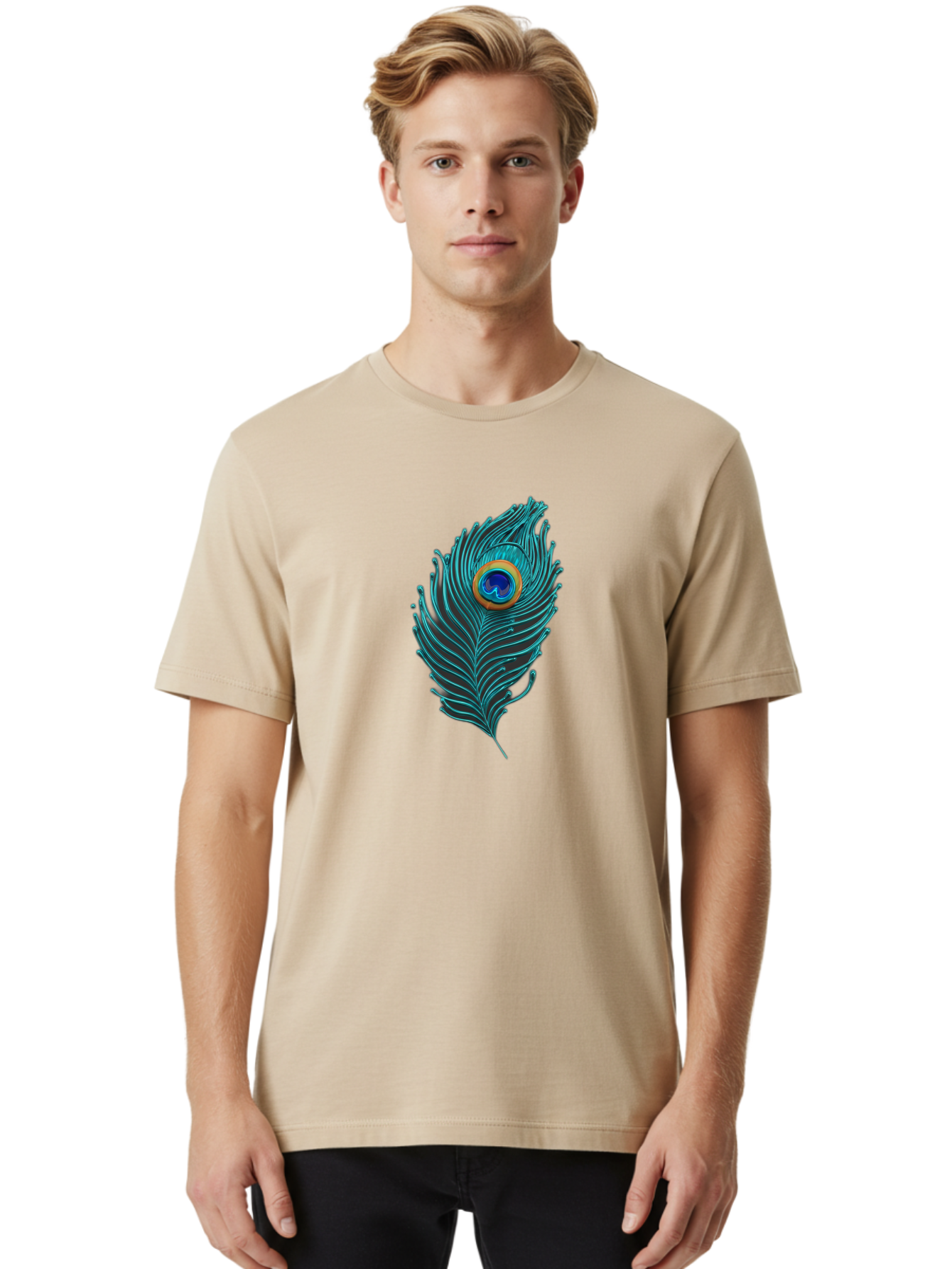 Peacock-Feather-8 Men'S Graphic Tee, 100% Cotton, Comfortable Casual Summer Wear, Machine Washable, Peacock Feather, Vibrant Colors, Teal, Blue, Orange, Elegant Design, Intricate Patterns, Luxurious Feel, Eye-Catching Detail, Stunning Visuals, Bab116 4