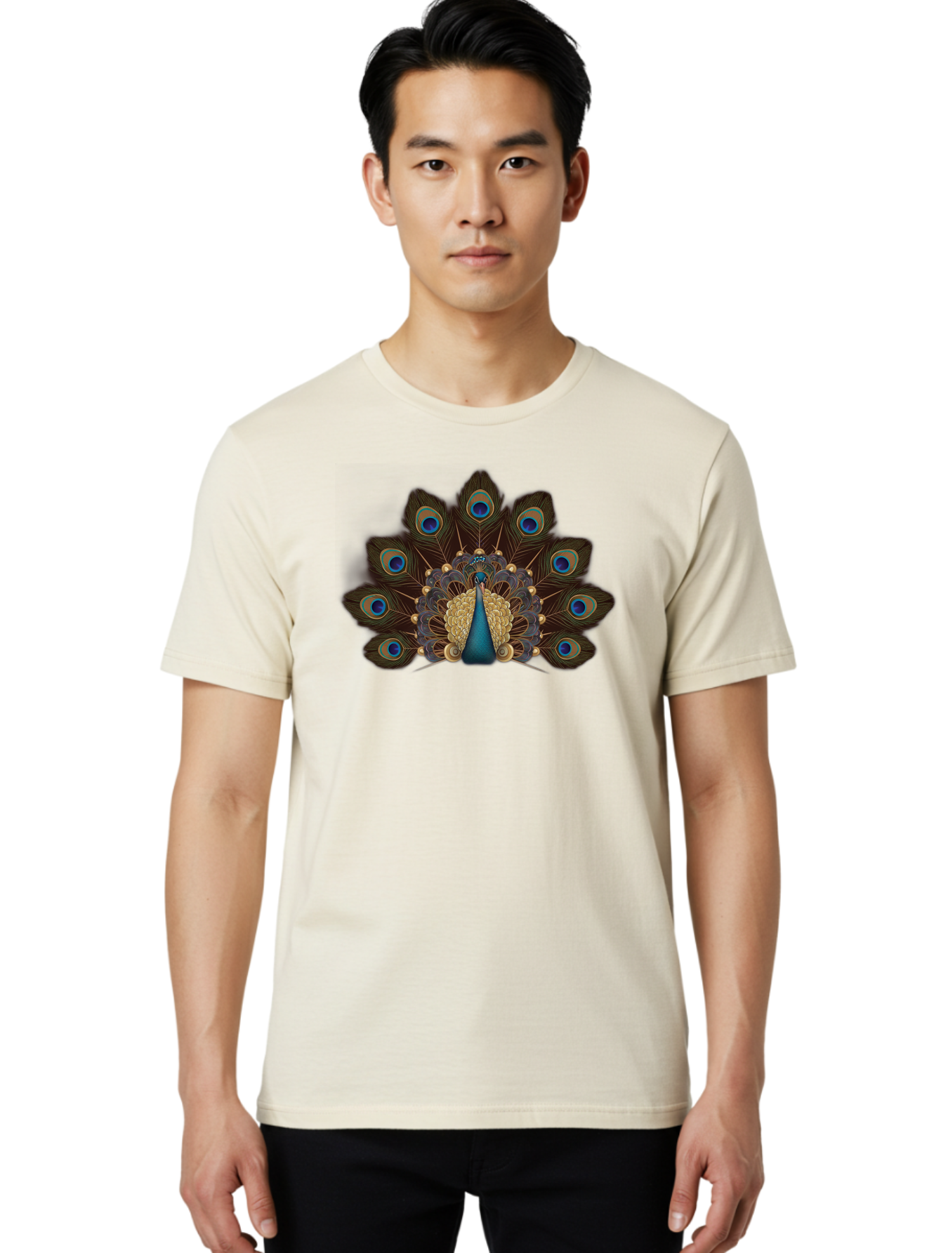 Peacock-Feather-Display Men'S Graphic Tee, 100% Cotton, Comfortable Casual Summer Wear, Machine Washable, Peacock, Bird, Feathers, Blue Eyes, Golden Plumage, Royal Bird, Majestic Creature, Intricate Details, Vibrant Colors, Exotic Beauty Bab118 6