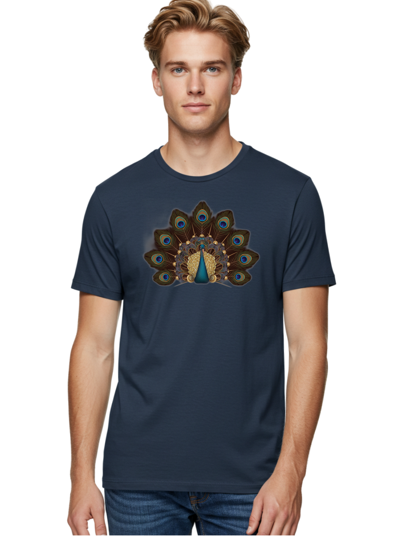Peacock-Feather-Display Men'S Graphic Tee, 100% Cotton, Comfortable Casual Summer Wear, Machine Washable, Peacock, Bird, Feathers, Blue Eyes, Golden Plumage, Royal Bird, Majestic Creature, Intricate Details, Vibrant Colors, Exotic Beauty Bab118 22