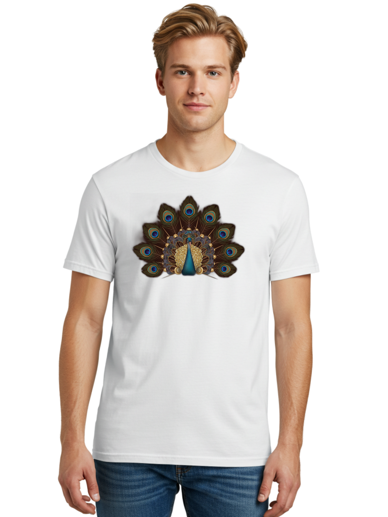Peacock-Feather-Display Men'S Graphic Tee, 100% Cotton, Comfortable Casual Summer Wear, Machine Washable, Peacock, Bird, Feathers, Blue Eyes, Golden Plumage, Royal Bird, Majestic Creature, Intricate Details, Vibrant Colors, Exotic Beauty Bab118 8