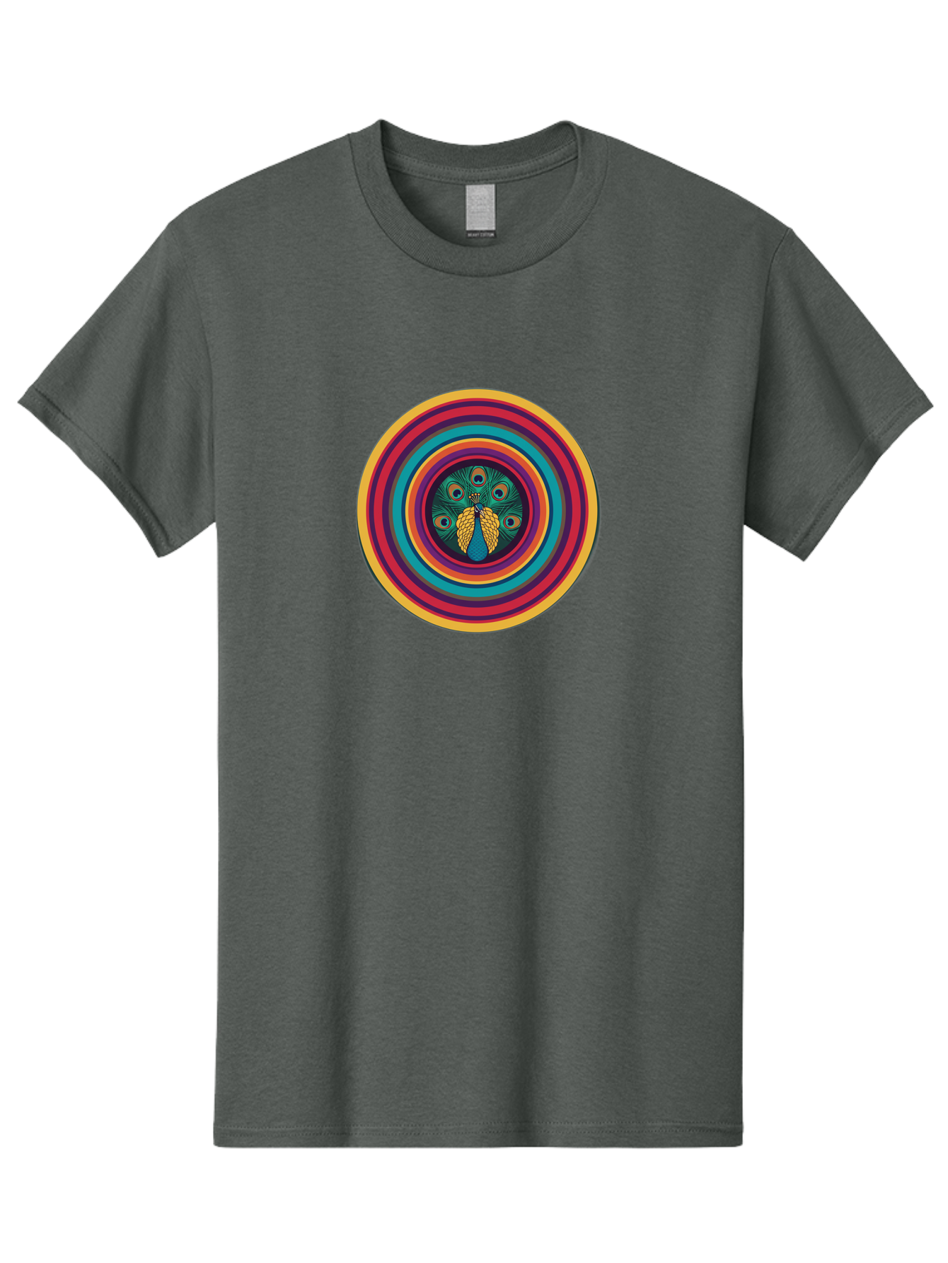 Peacock-Feathers-2 Men'S Graphic Tee, 100% Cotton, Comfortable Casual Summer Wear, Machine Washable, Peacock Feather, Bohemian Style, Vibrant Colors, Colorful Rings, Abstract Art, Hypnotic Patterns, Nature-Inspired Design, Circular Motif, Bab121 19